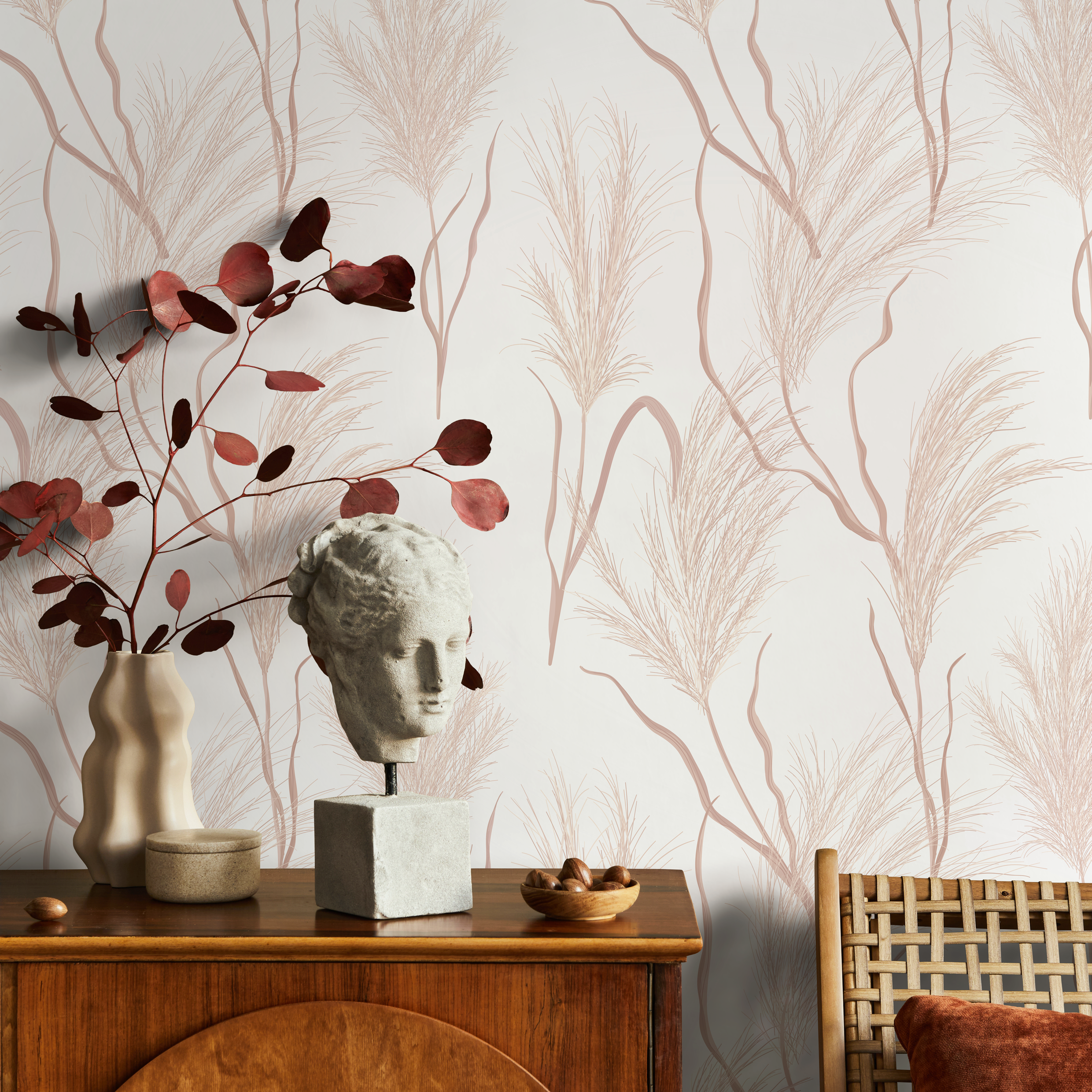 Botanical Wallpaper With Delicate Pampas Grass In Dusty Pink - C351