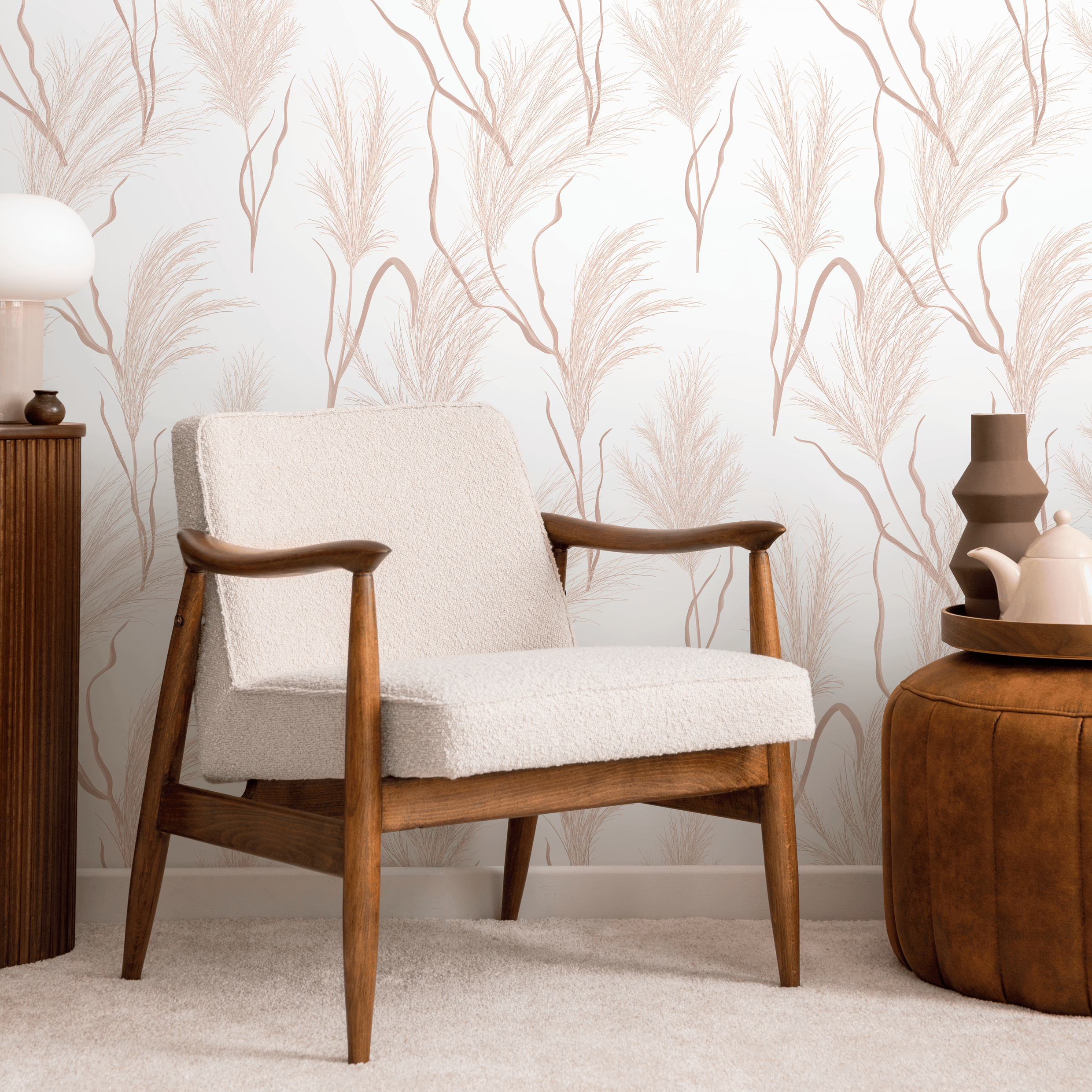 Botanical Wallpaper With Delicate Pampas Grass In Dusty Pink - C351