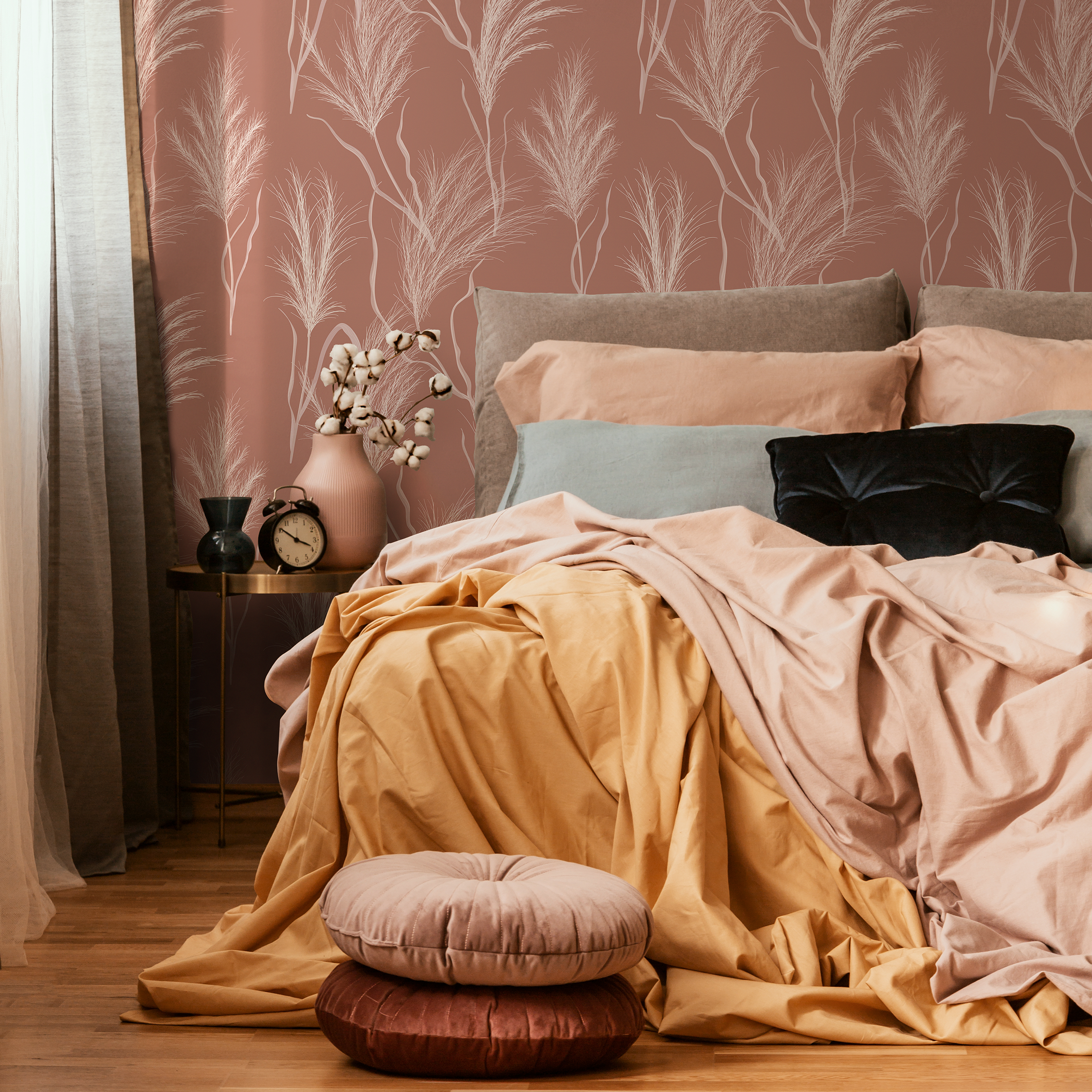 Botanical Wallpaper Featuring Pampas Grass In Terracotta And White - C352