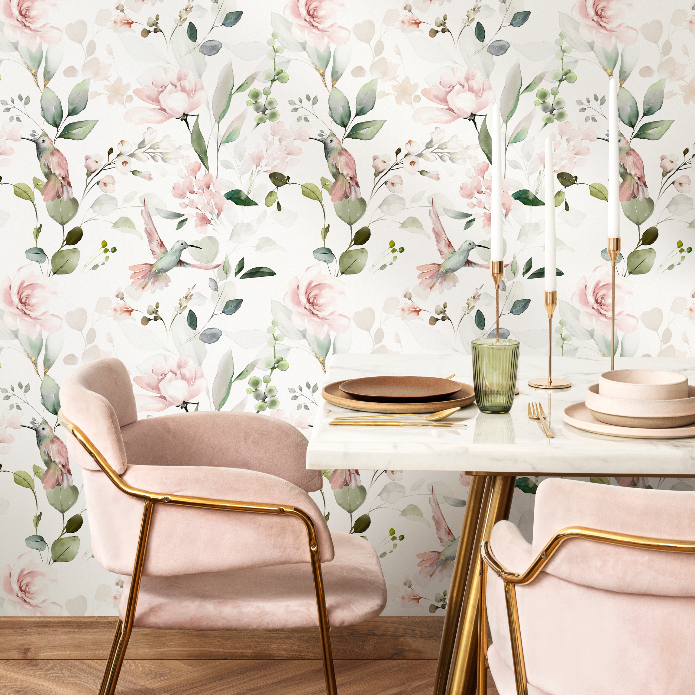 Animal Wallpaper With Hummingbirds And Flowers In Pink And Green - C353