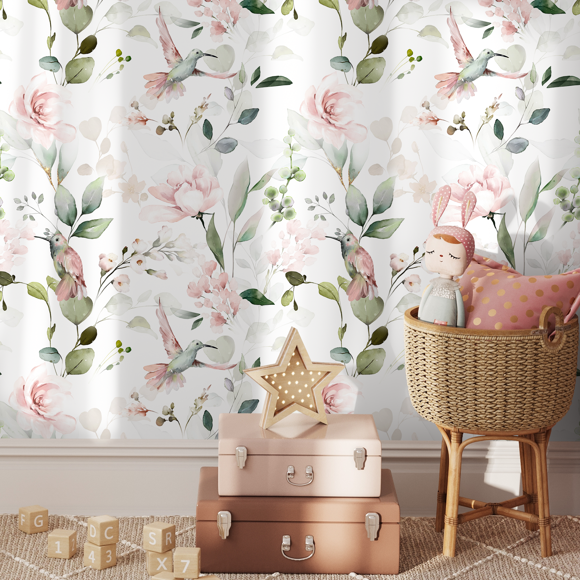Animal Wallpaper With Hummingbirds And Flowers In Pink And Green - C353