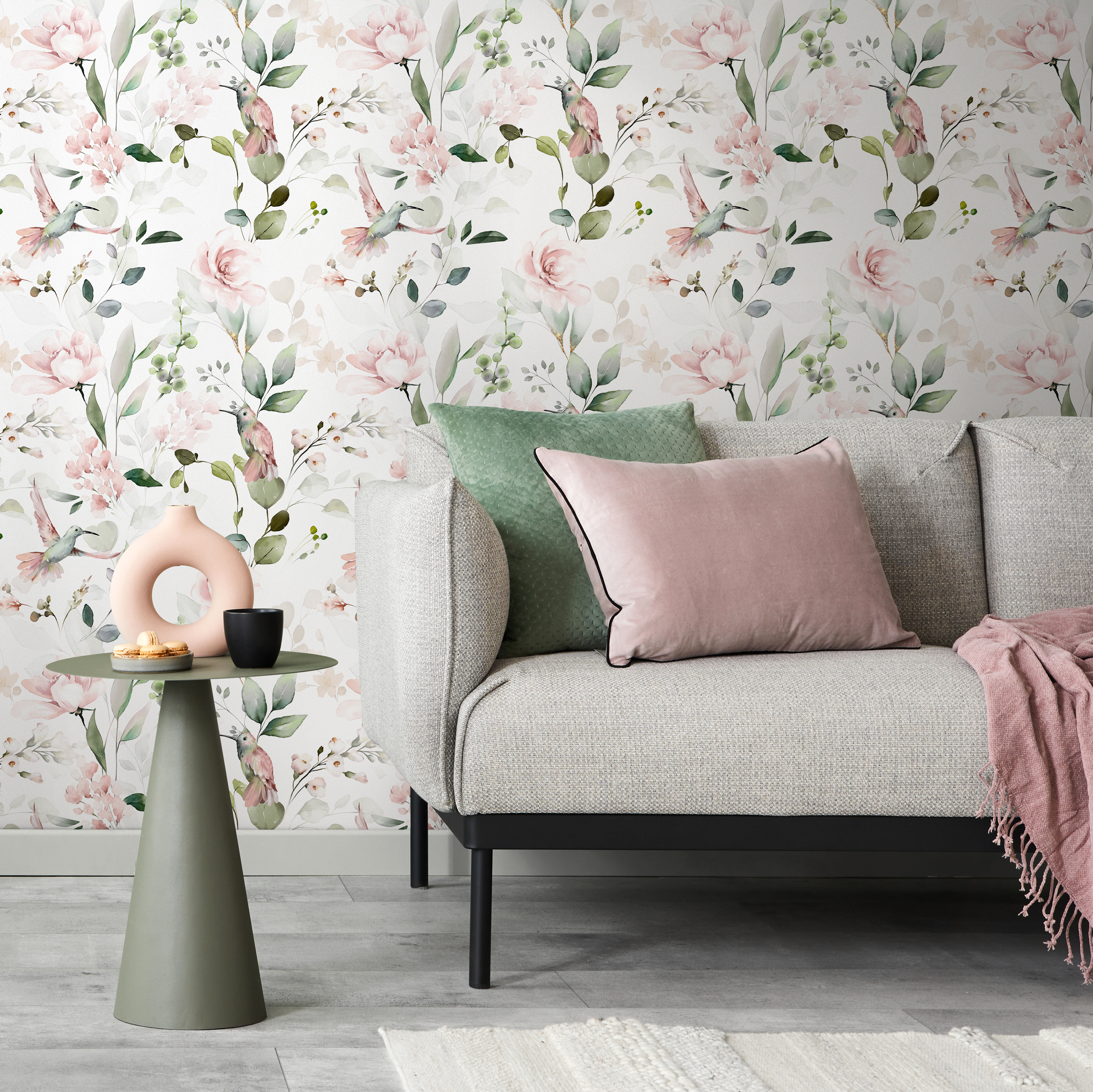 Animal Wallpaper With Hummingbirds And Flowers In Pink And Green - C353