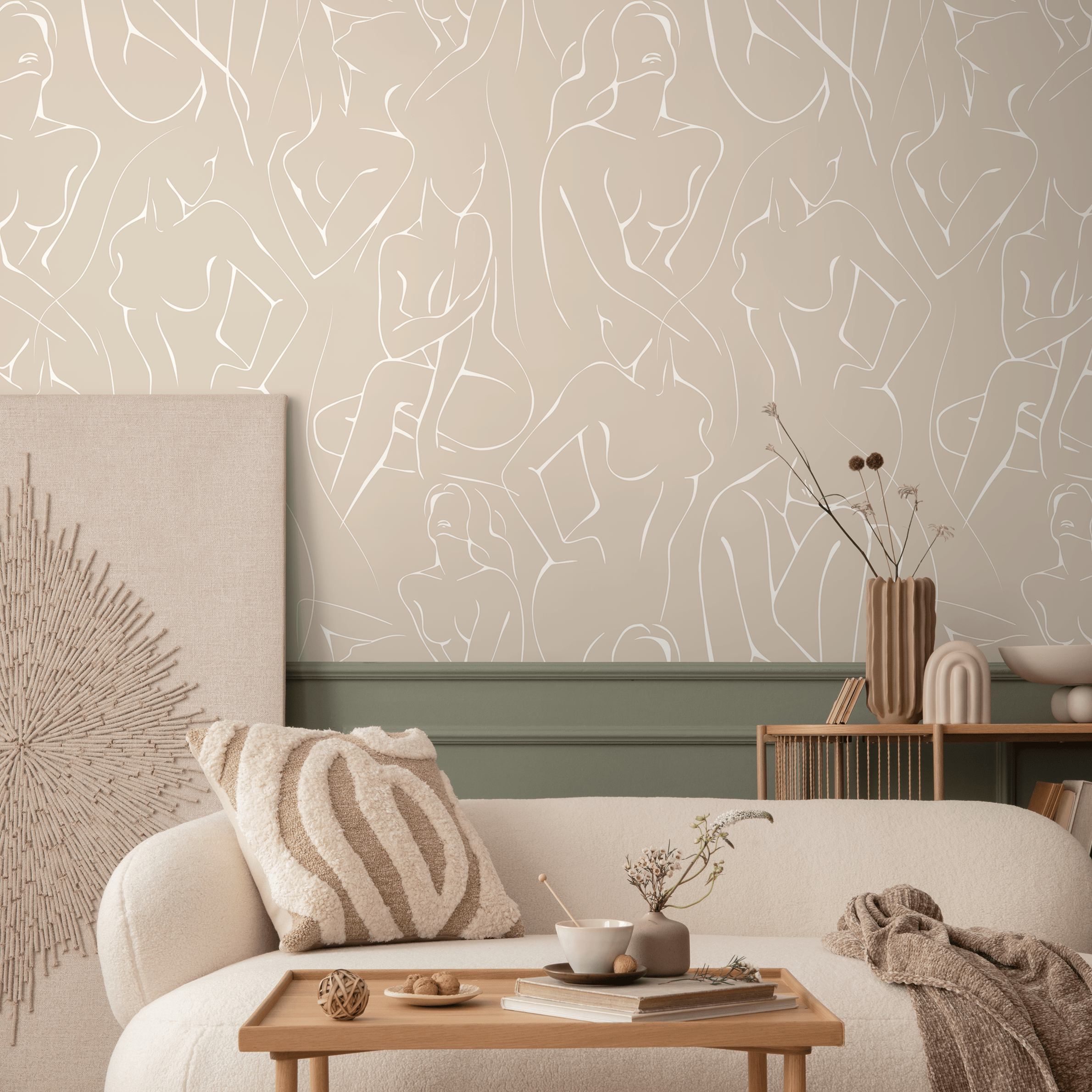 Line Art Wallpaper With A Continuous Female Figure Motif In Beige And White - C354