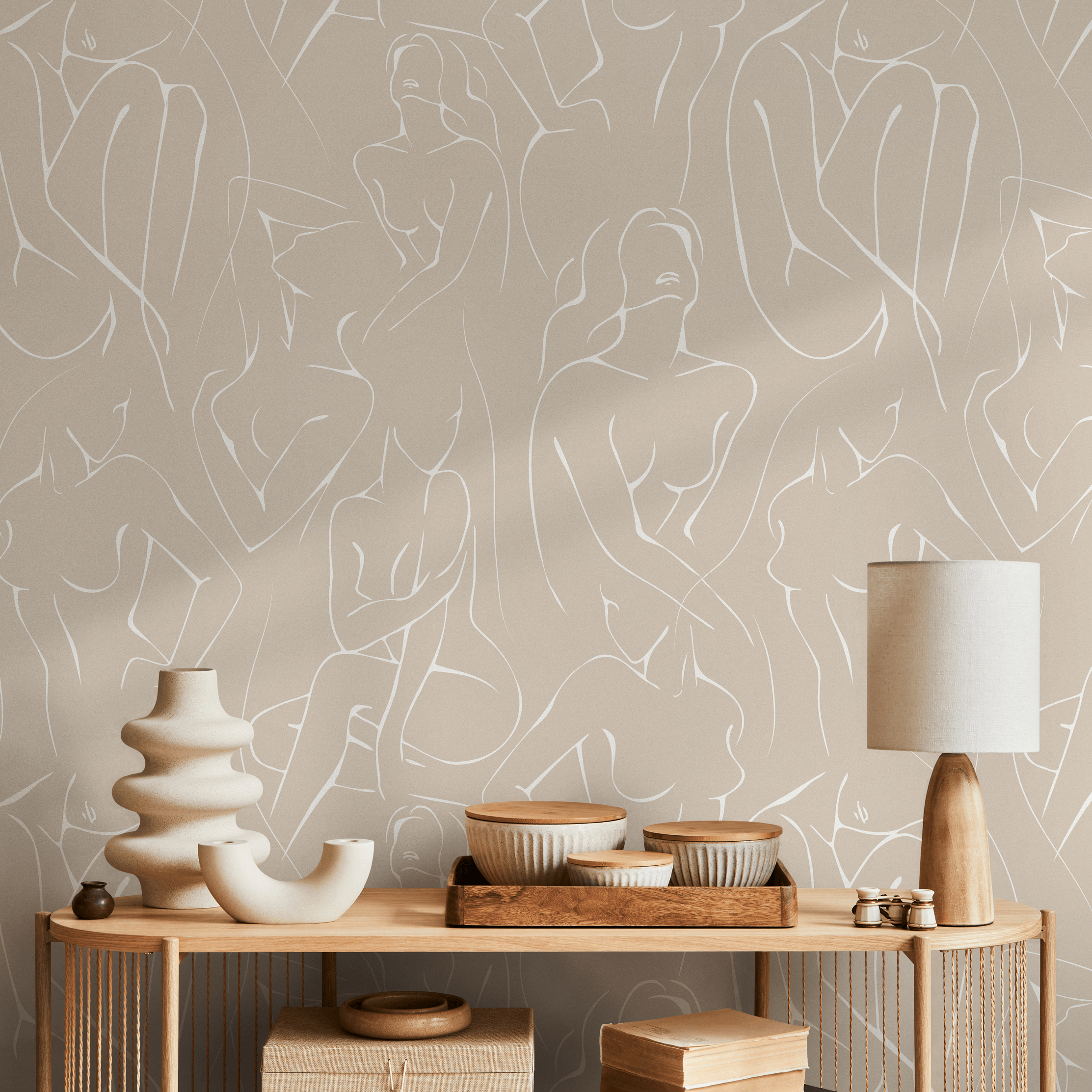 Line Art Wallpaper With A Continuous Female Figure Motif In Beige And White - C354