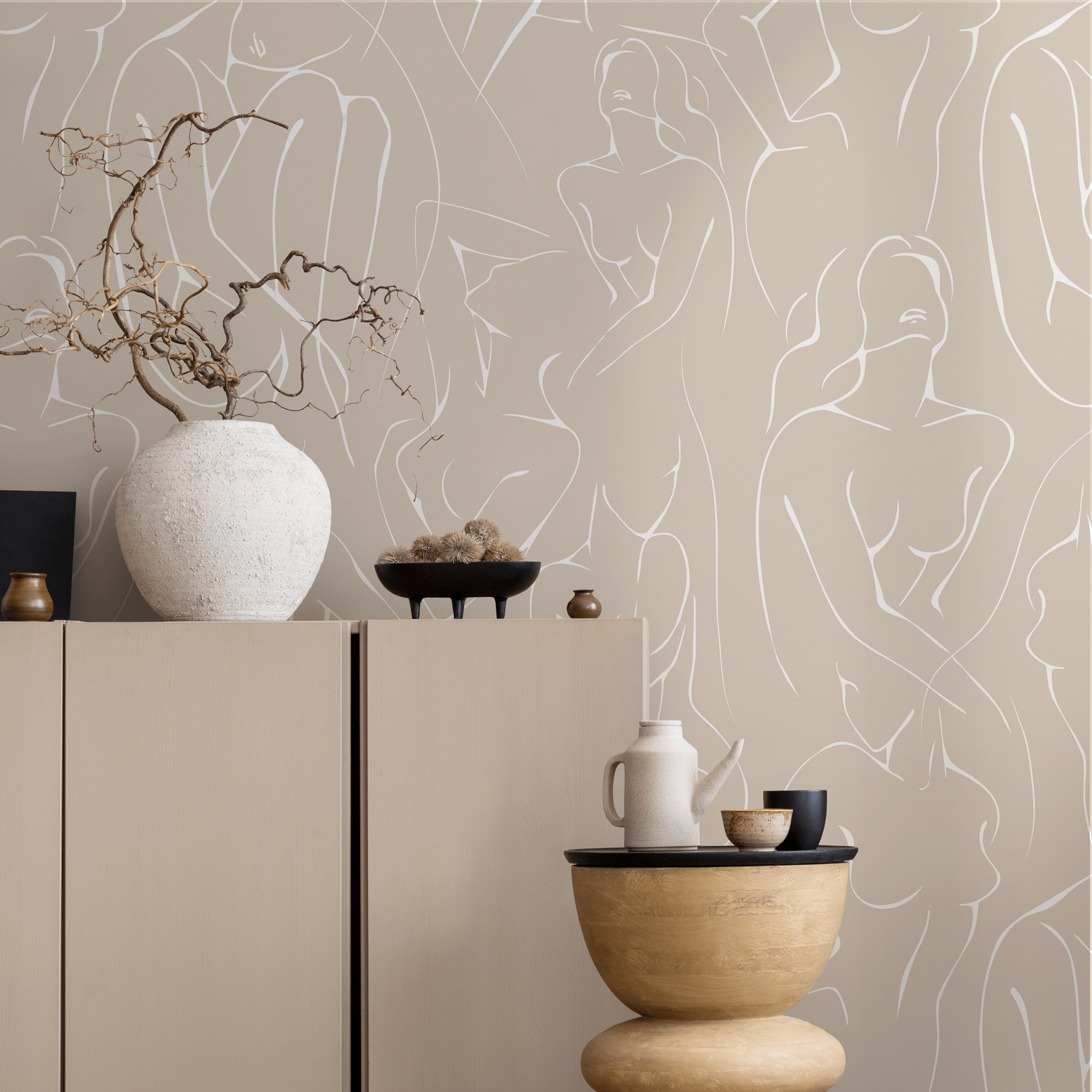 Line Art Wallpaper With A Continuous Female Figure Motif In Beige And White - C354