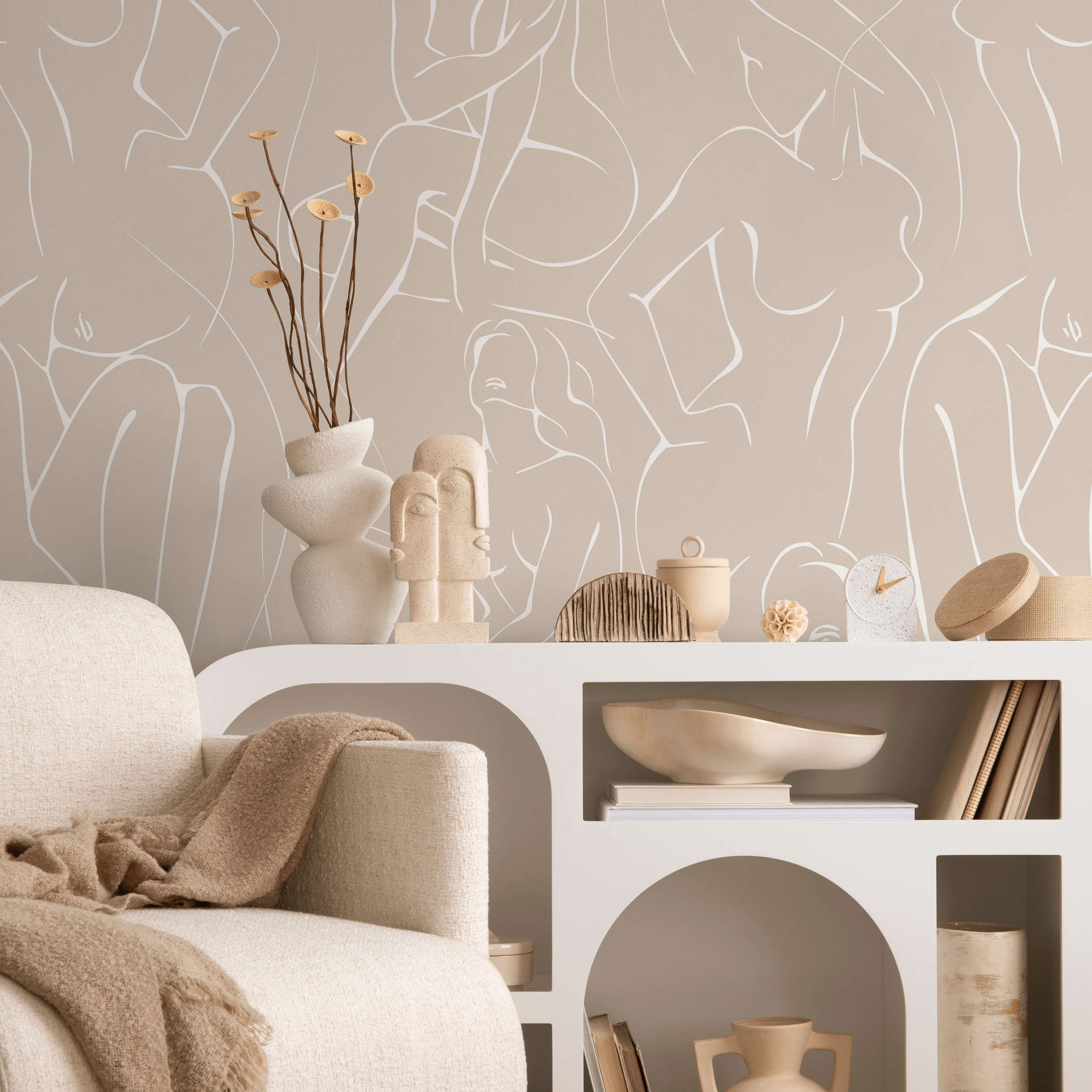 Line Art Wallpaper With A Continuous Female Figure Motif In Beige And White - C354