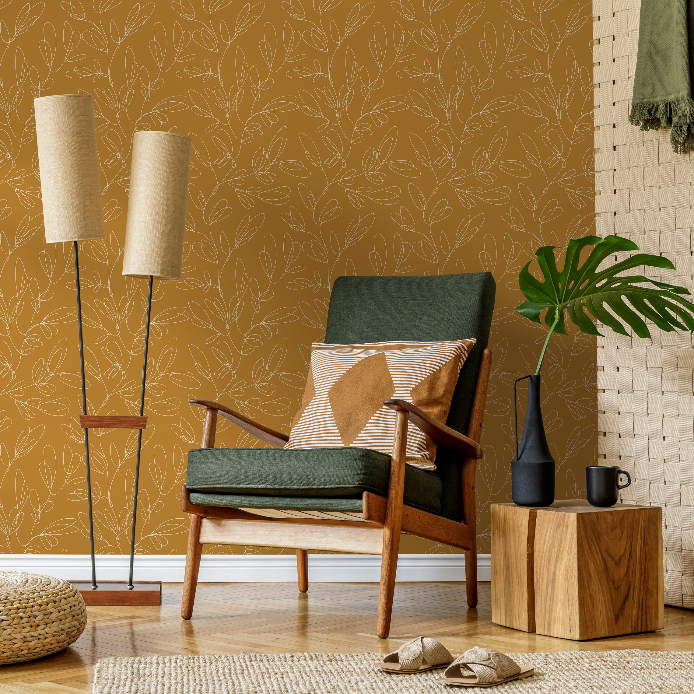 Botanical Wallpaper With A Delicate Leaf Outline In Mustard Yellow And White - C356