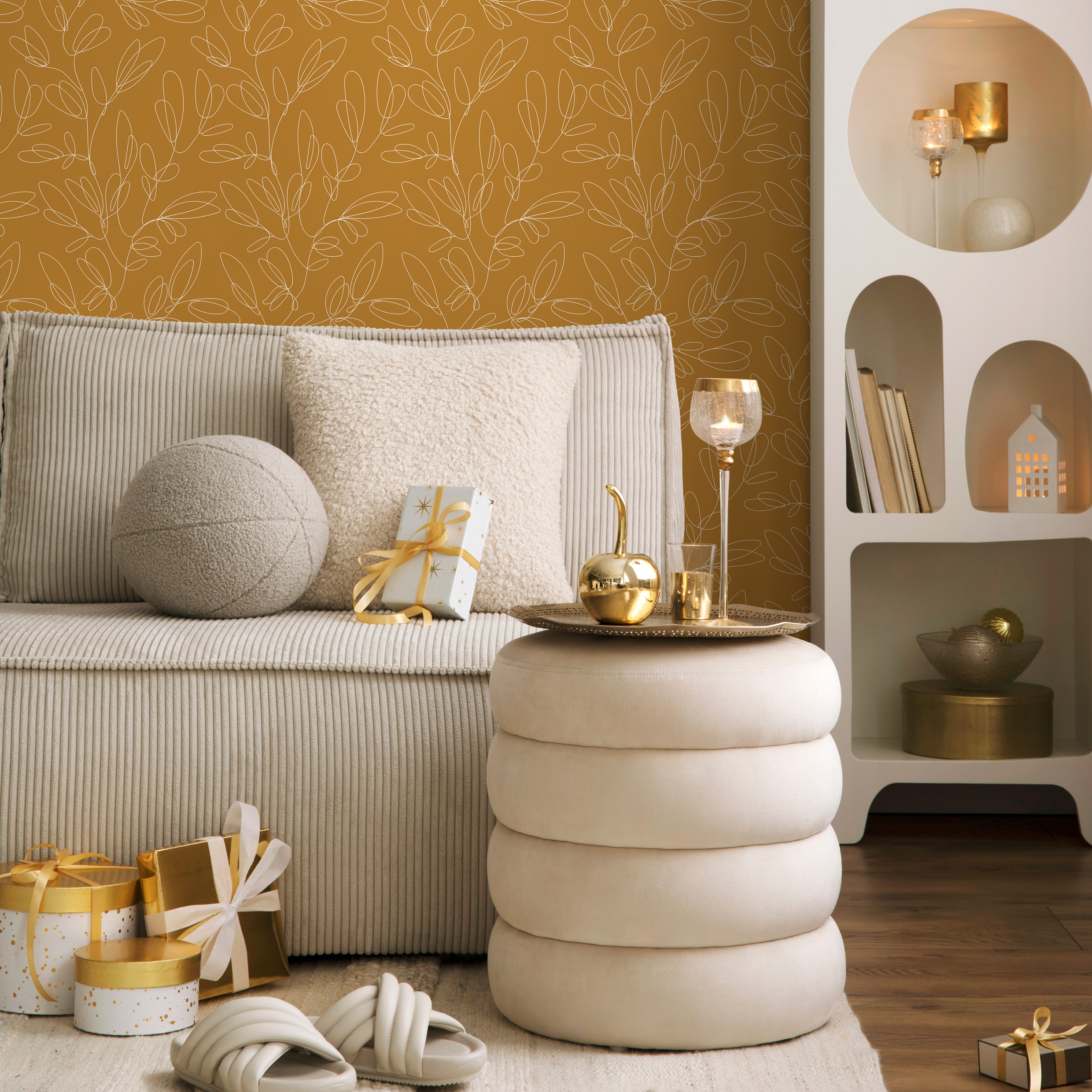 Botanical Wallpaper With A Delicate Leaf Outline In Mustard Yellow And White - C356