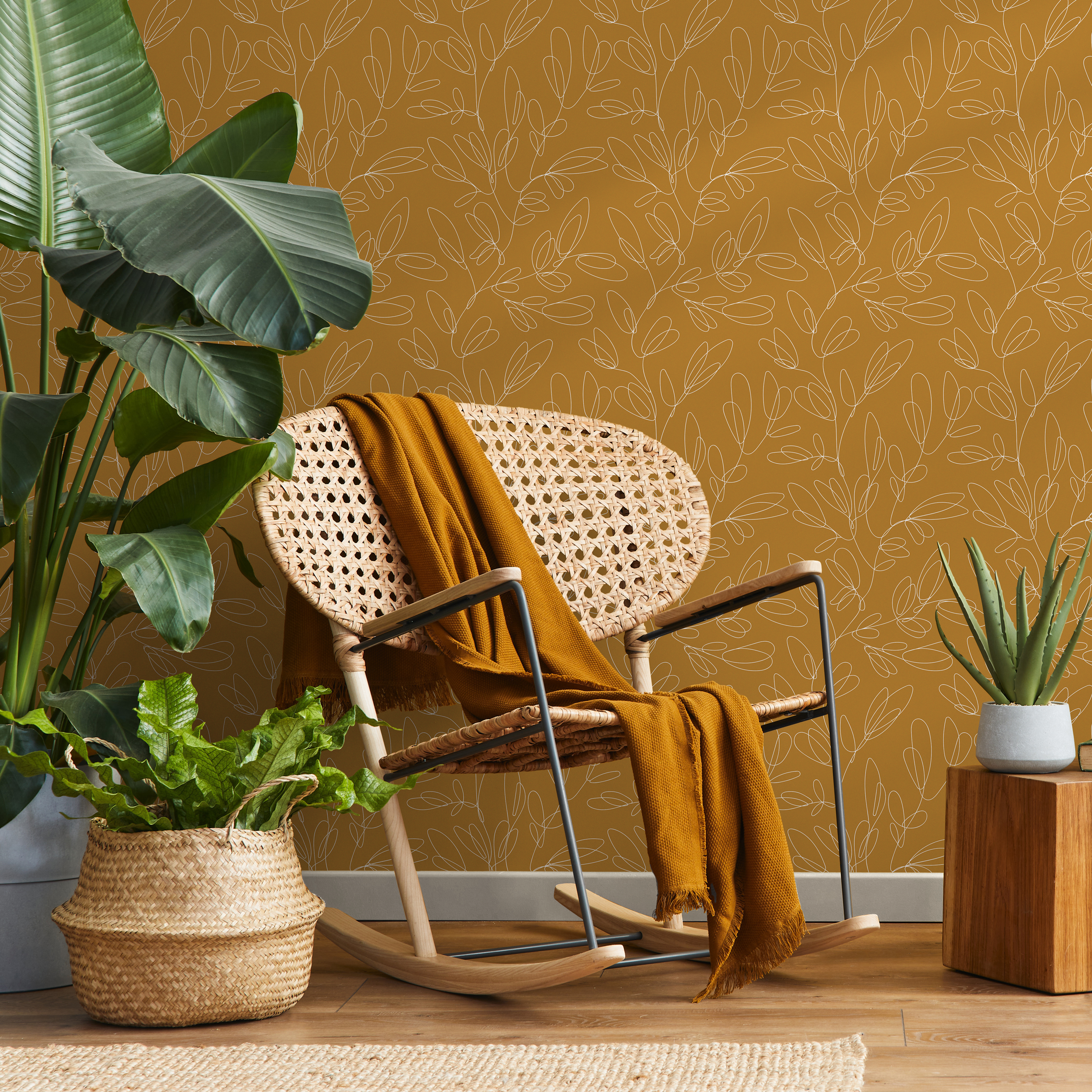 Botanical Wallpaper With A Delicate Leaf Outline In Mustard Yellow And White - C356