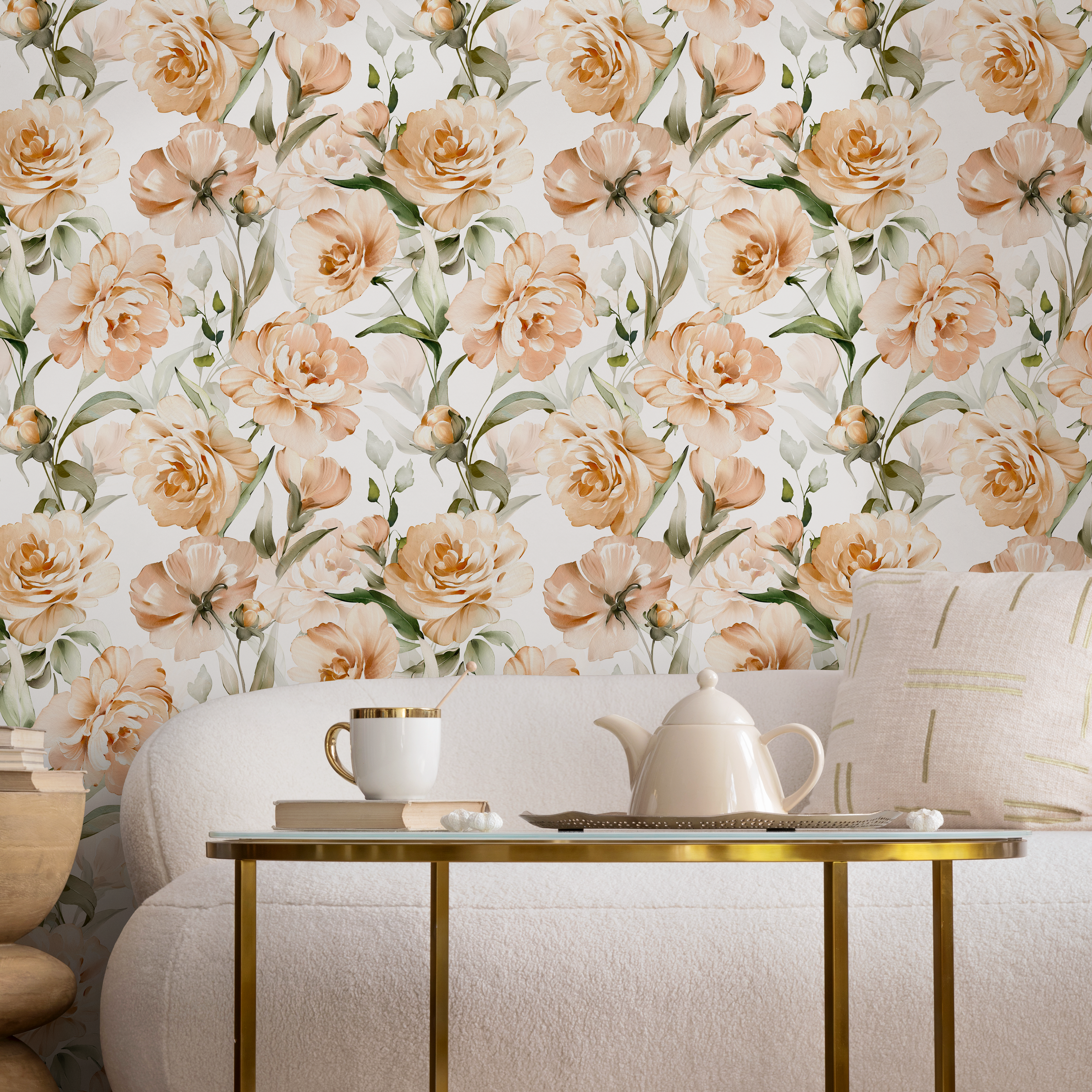 Floral Wallpaper With Watercolor Peonies In Peach And Green - C358