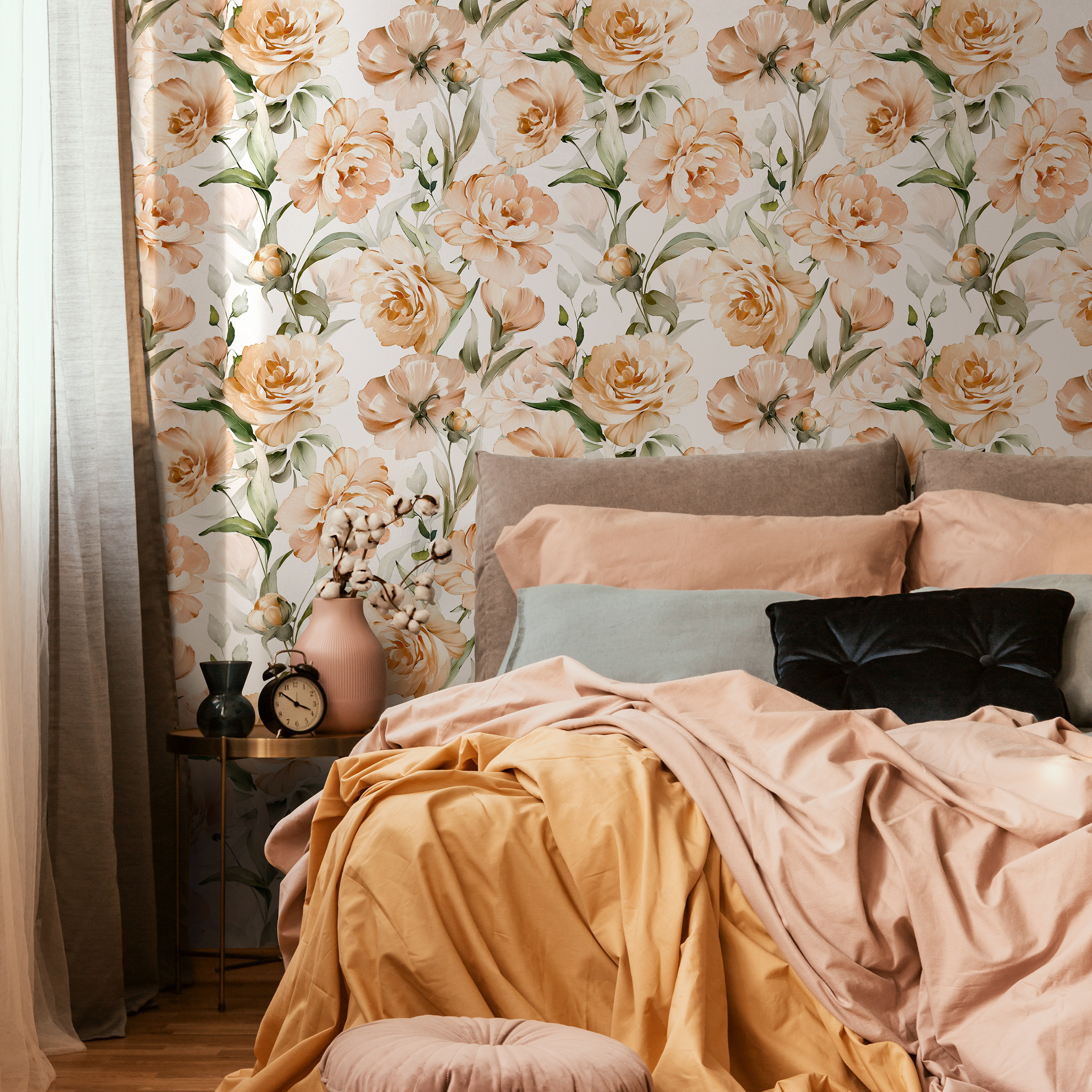 Floral Wallpaper With Watercolor Peonies In Peach And Green - C358