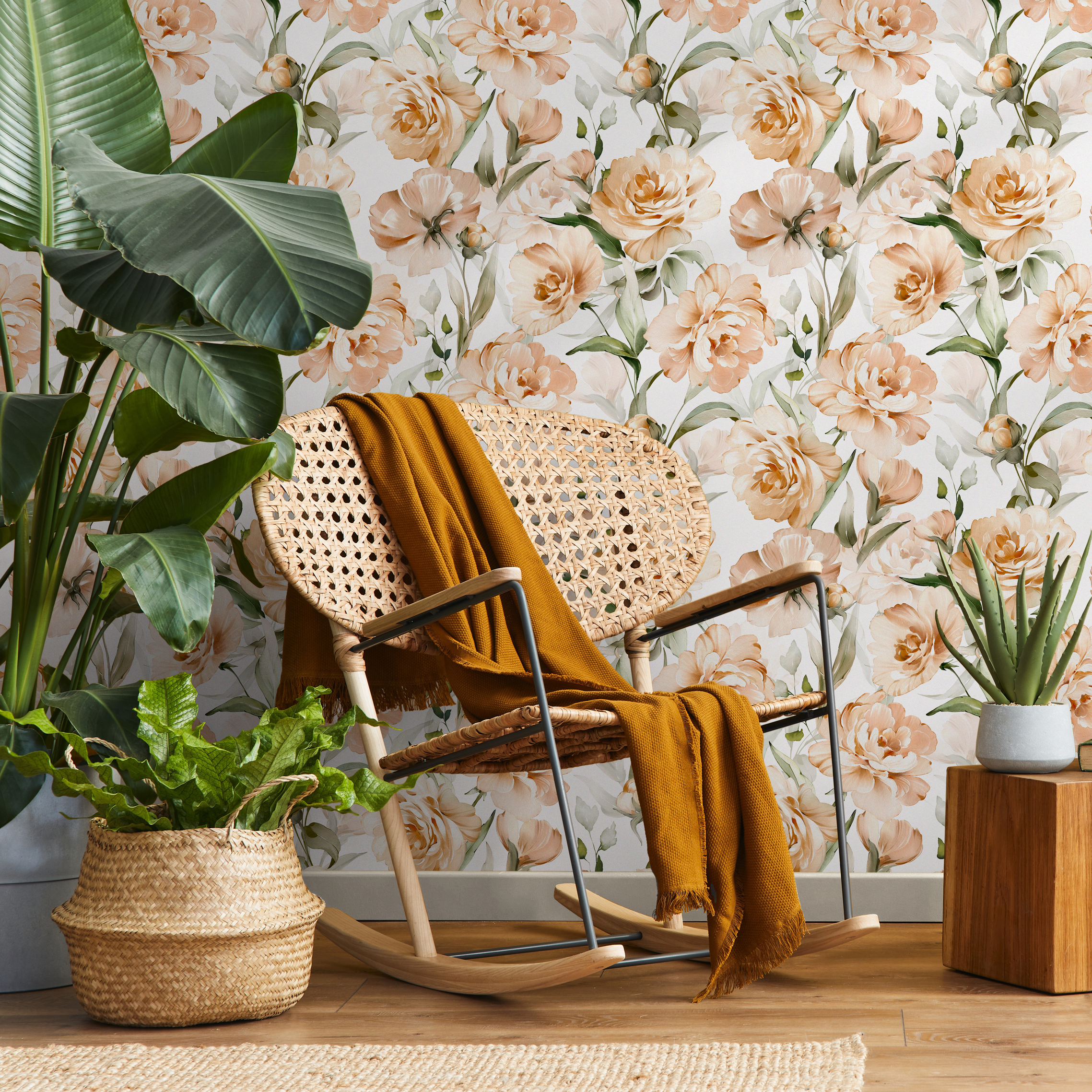 Floral Wallpaper With Watercolor Peonies In Peach And Green - C358