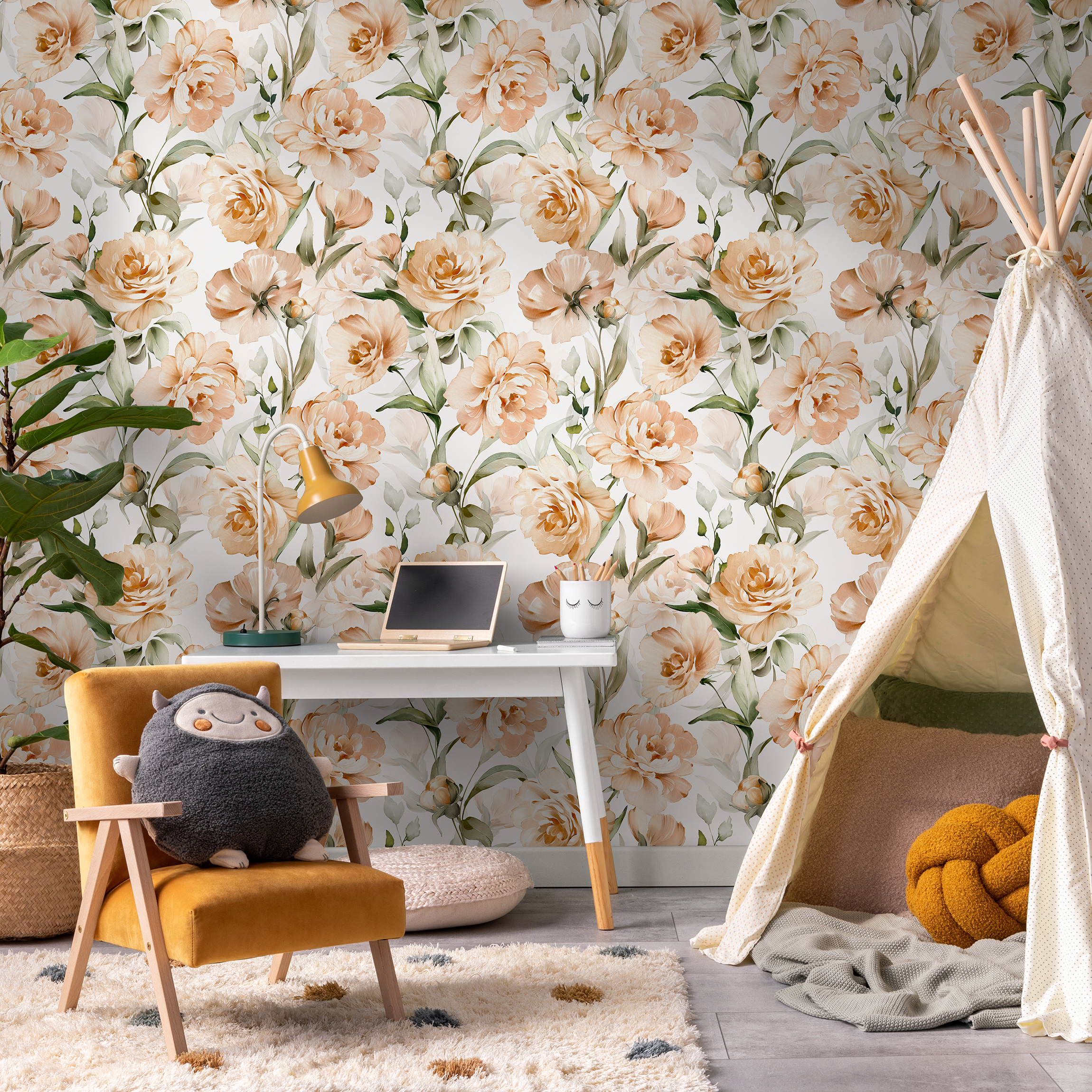 Floral Wallpaper With Watercolor Peonies In Peach And Green - C358