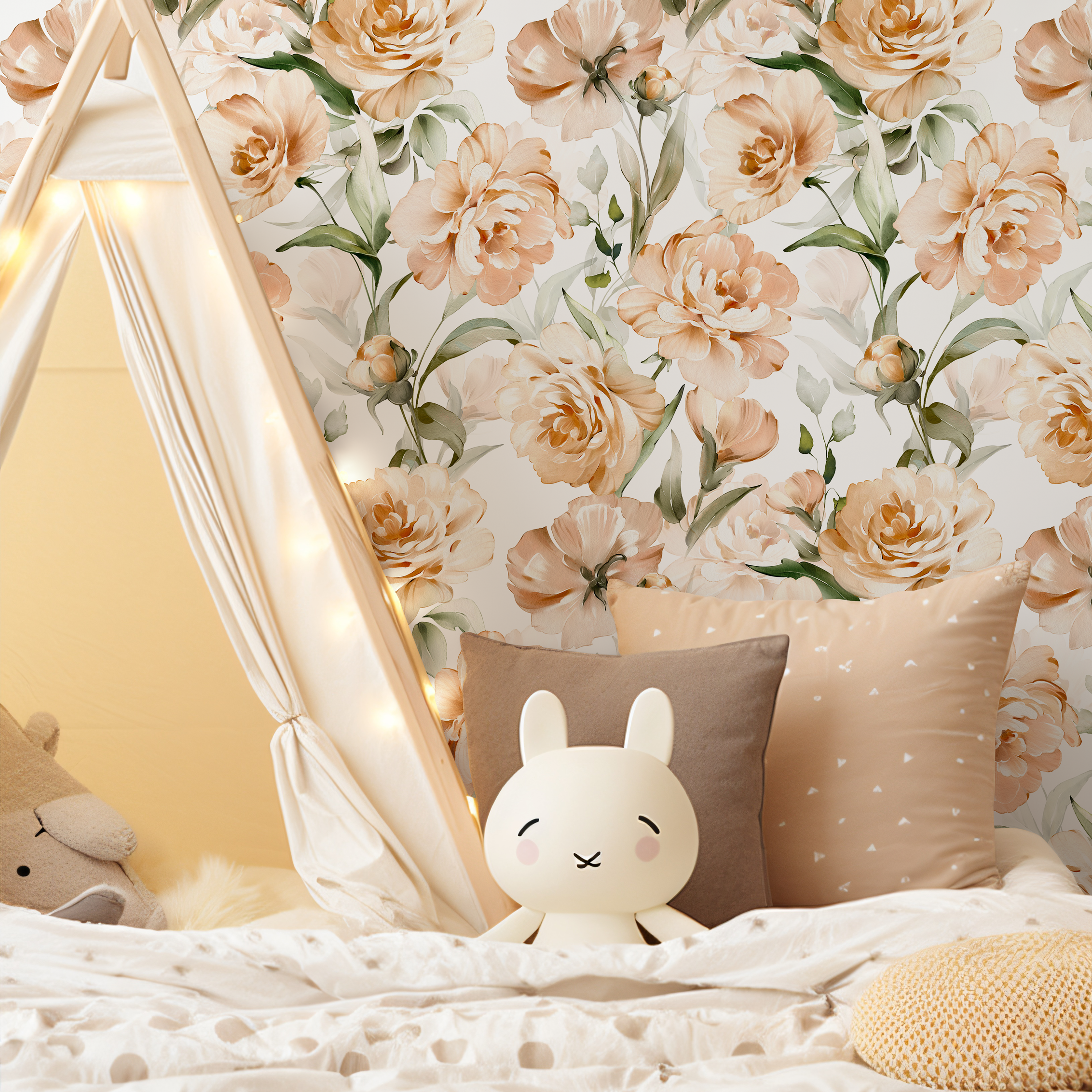 Floral Wallpaper With Watercolor Peonies In Peach And Green - C358