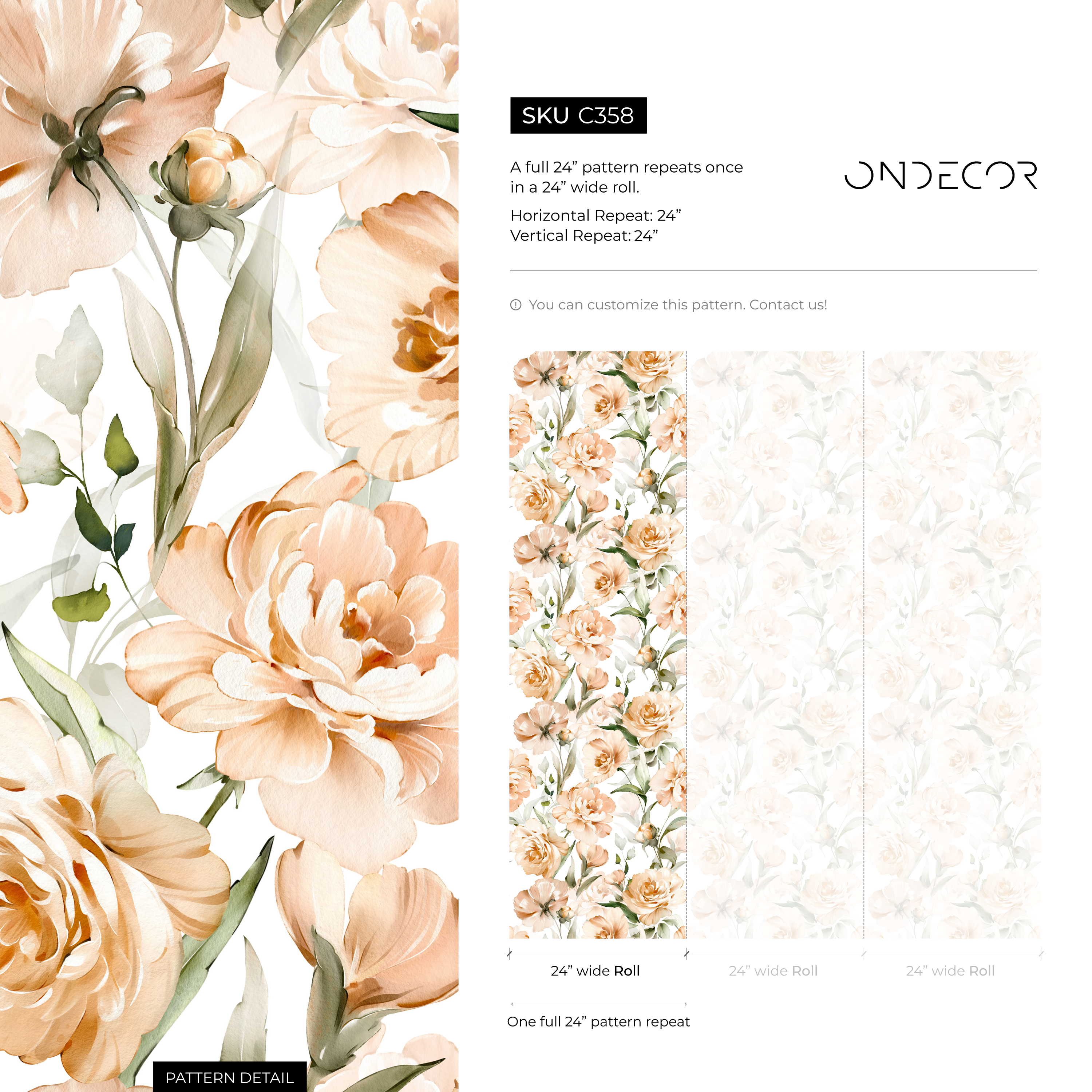 Floral Wallpaper With Watercolor Peonies In Peach And Green - C358