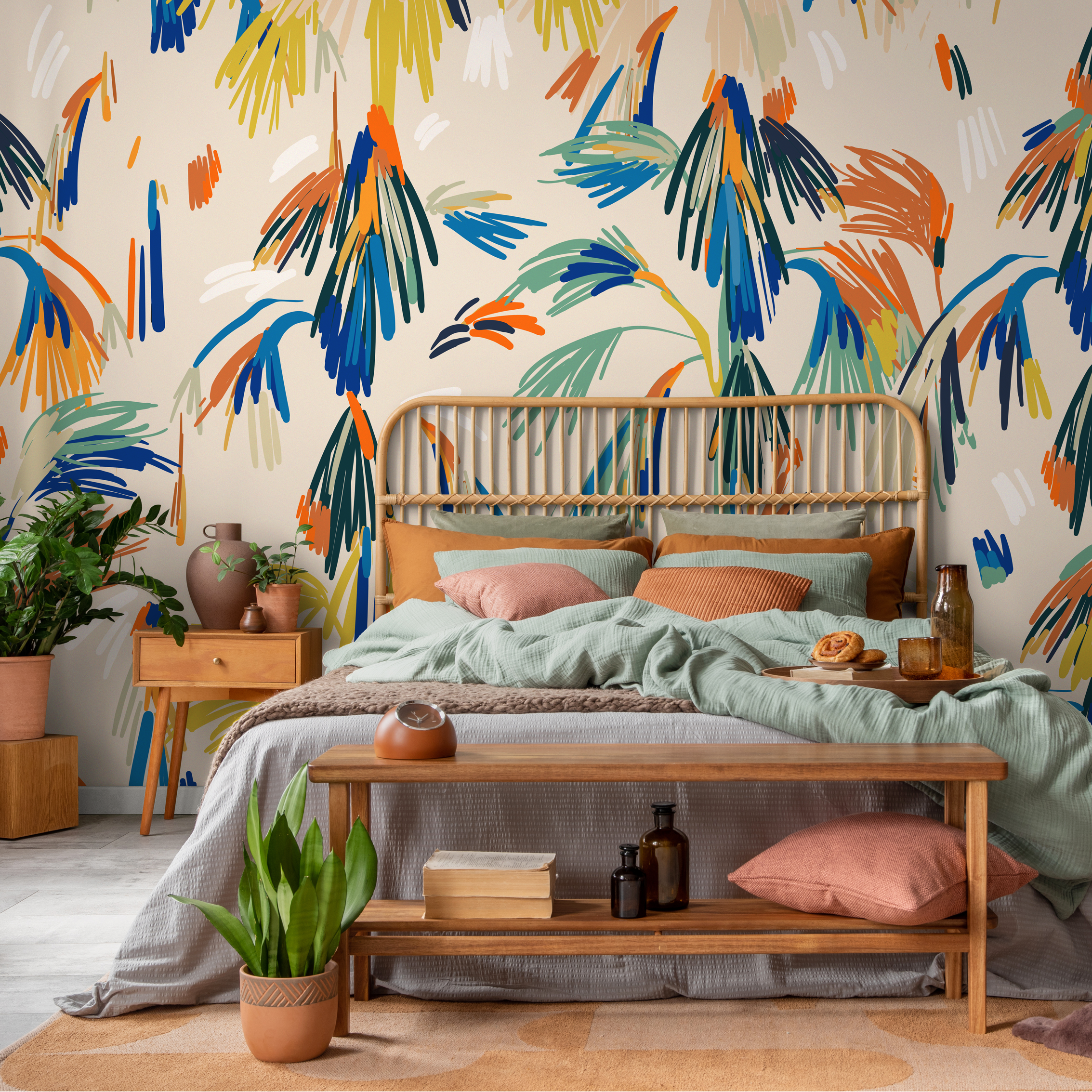 Abstract Wallpaper With Painterly Palm Leaves In Blue, Orange, And Yellow - C360