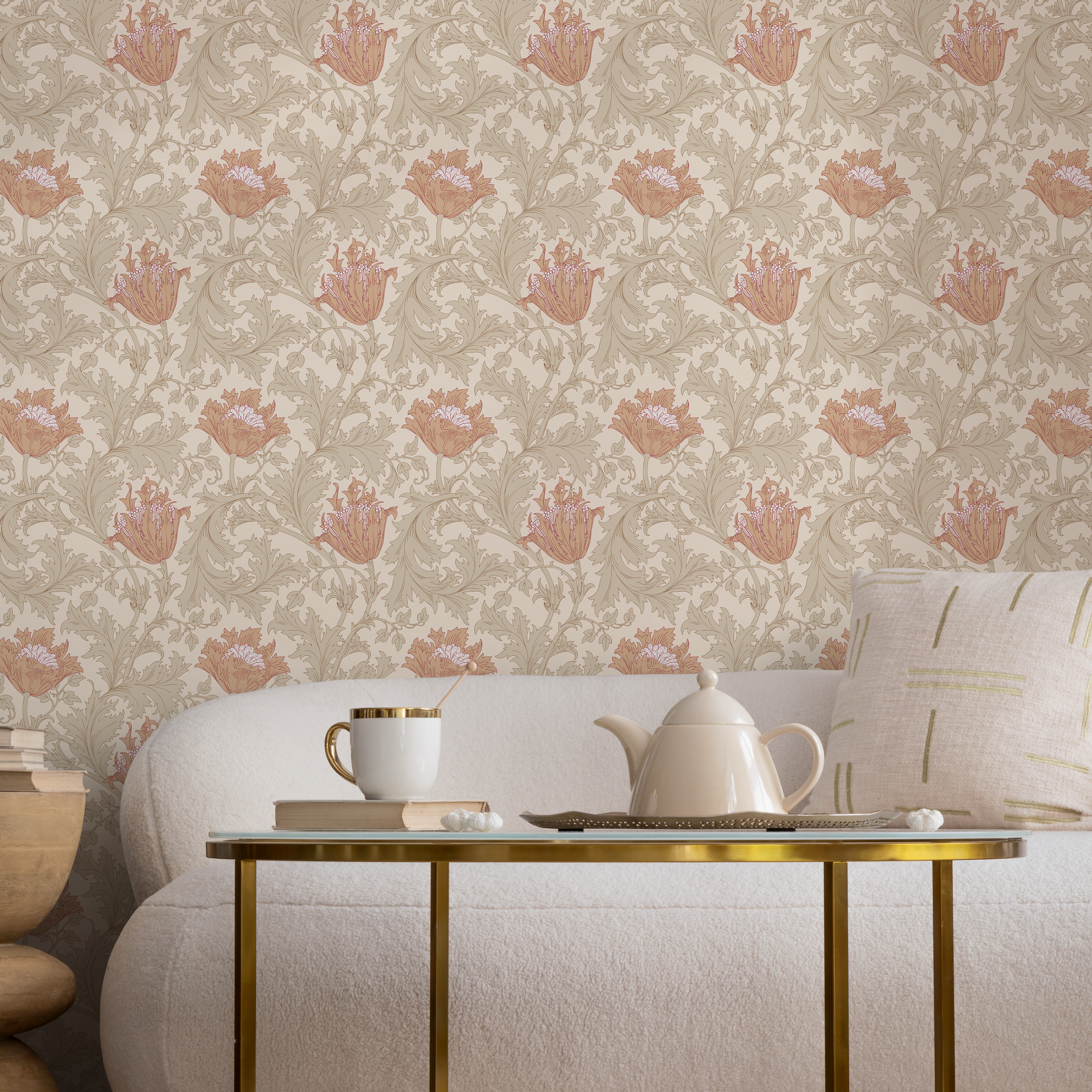 Art Nouveau Wallpaper With Stylized Tulips In Beige, Green, And Terracotta - C361
