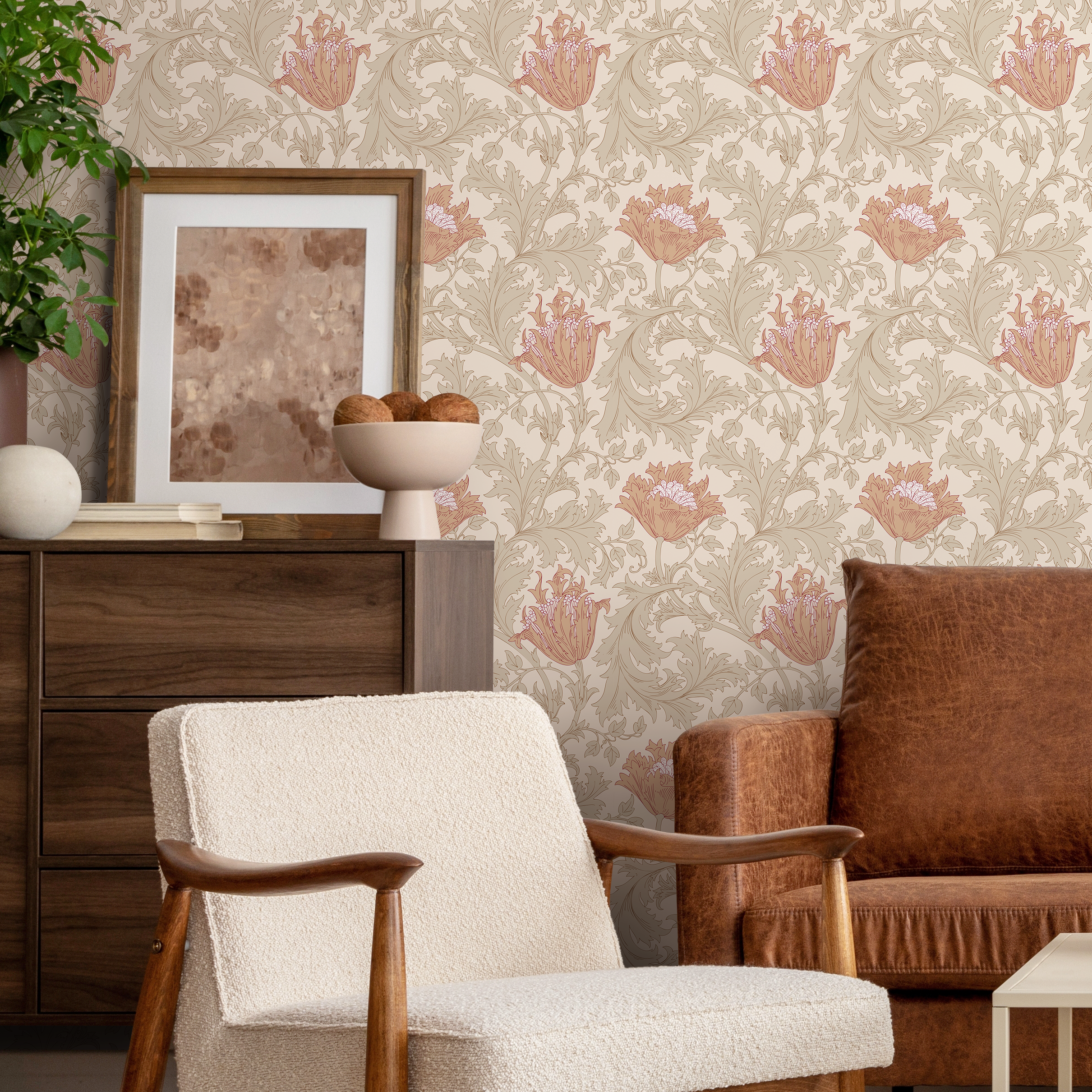 Art Nouveau Wallpaper With Stylized Tulips In Beige, Green, And Terracotta - C361