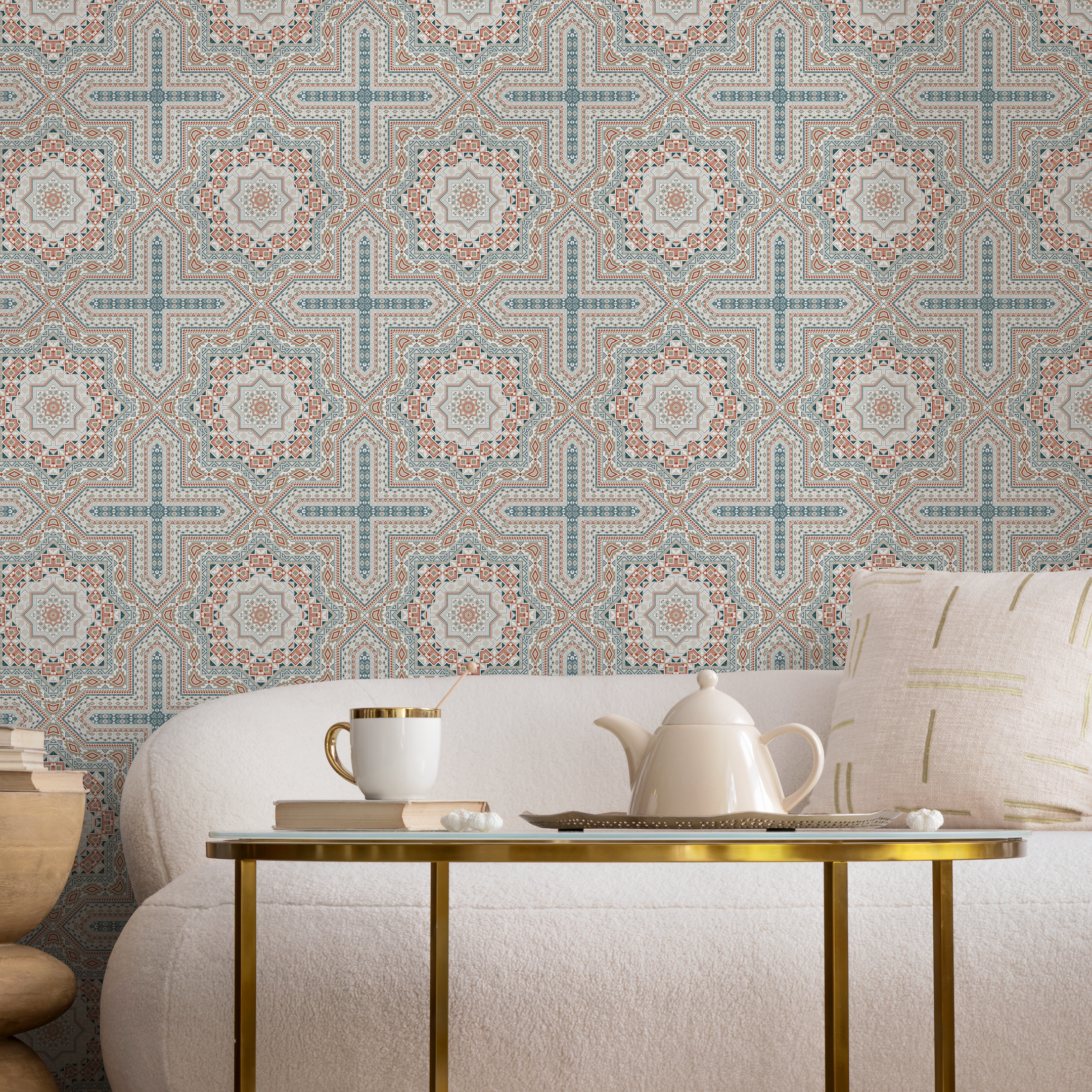 Geometric Wallpaper With A Marrakech Tile Pattern In Teal And Terracotta - C362