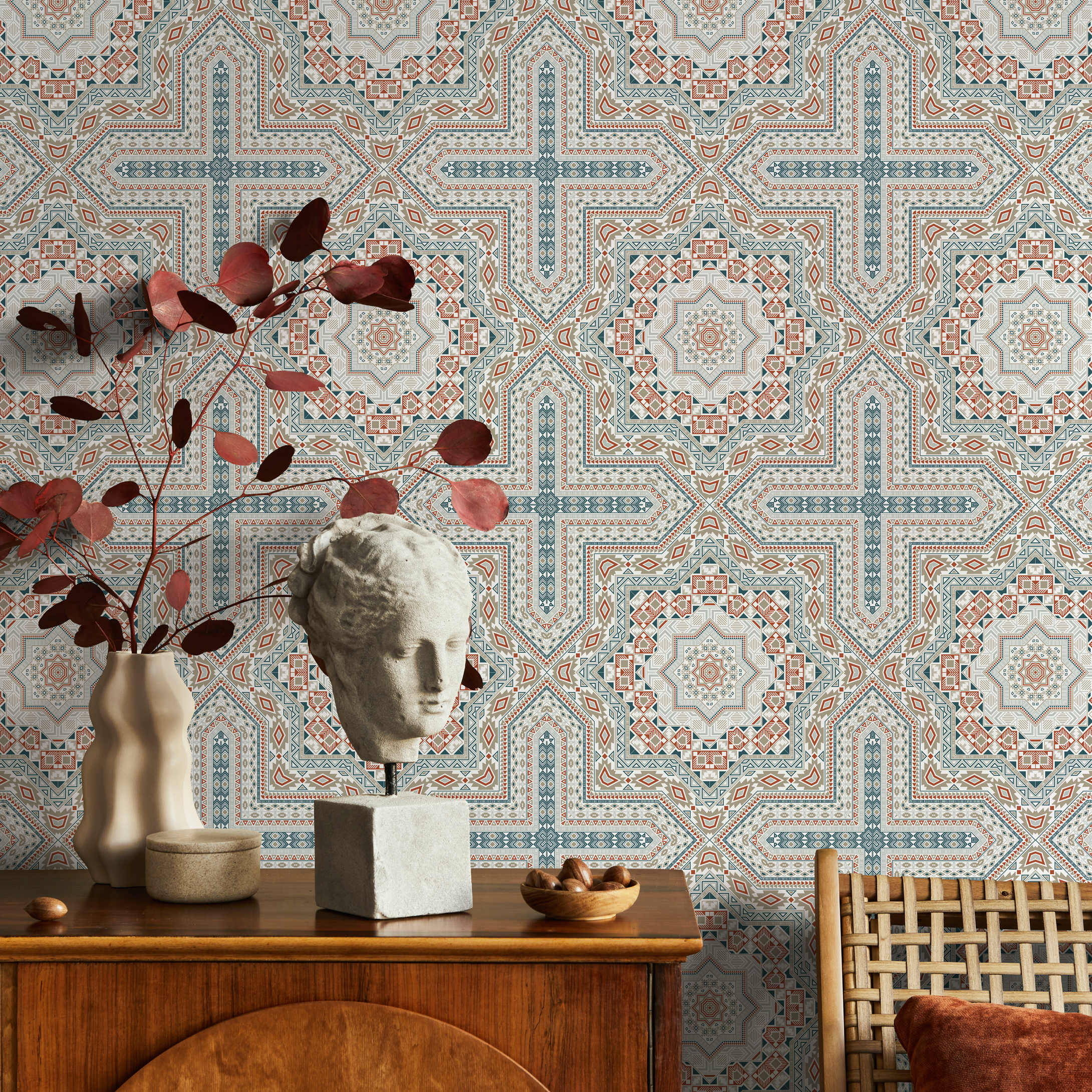 Geometric Wallpaper With A Marrakech Tile Pattern In Teal And Terracotta - C362