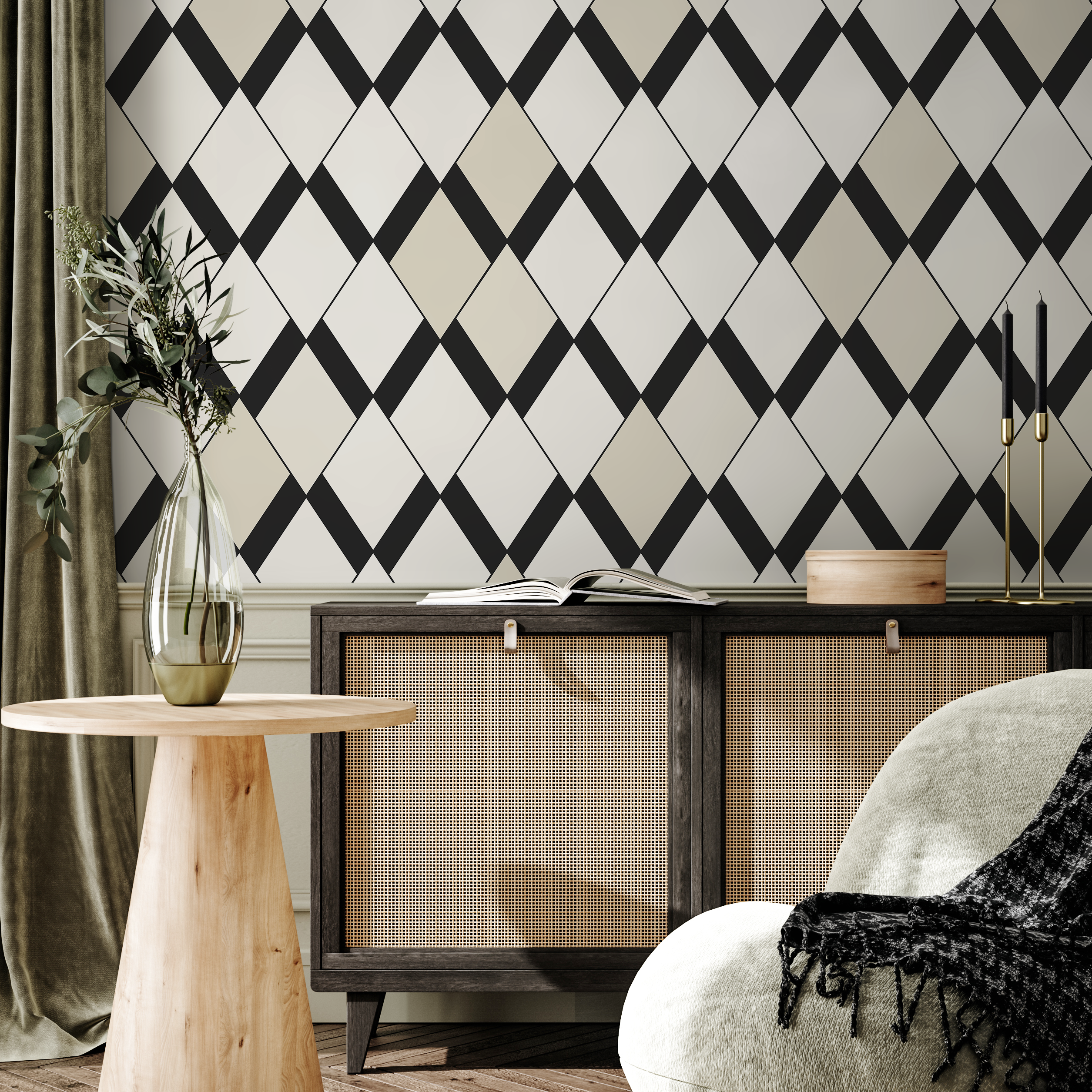 Geometric Wallpaper With A Modern Diamond Motif In Black, White, And Beige - C363