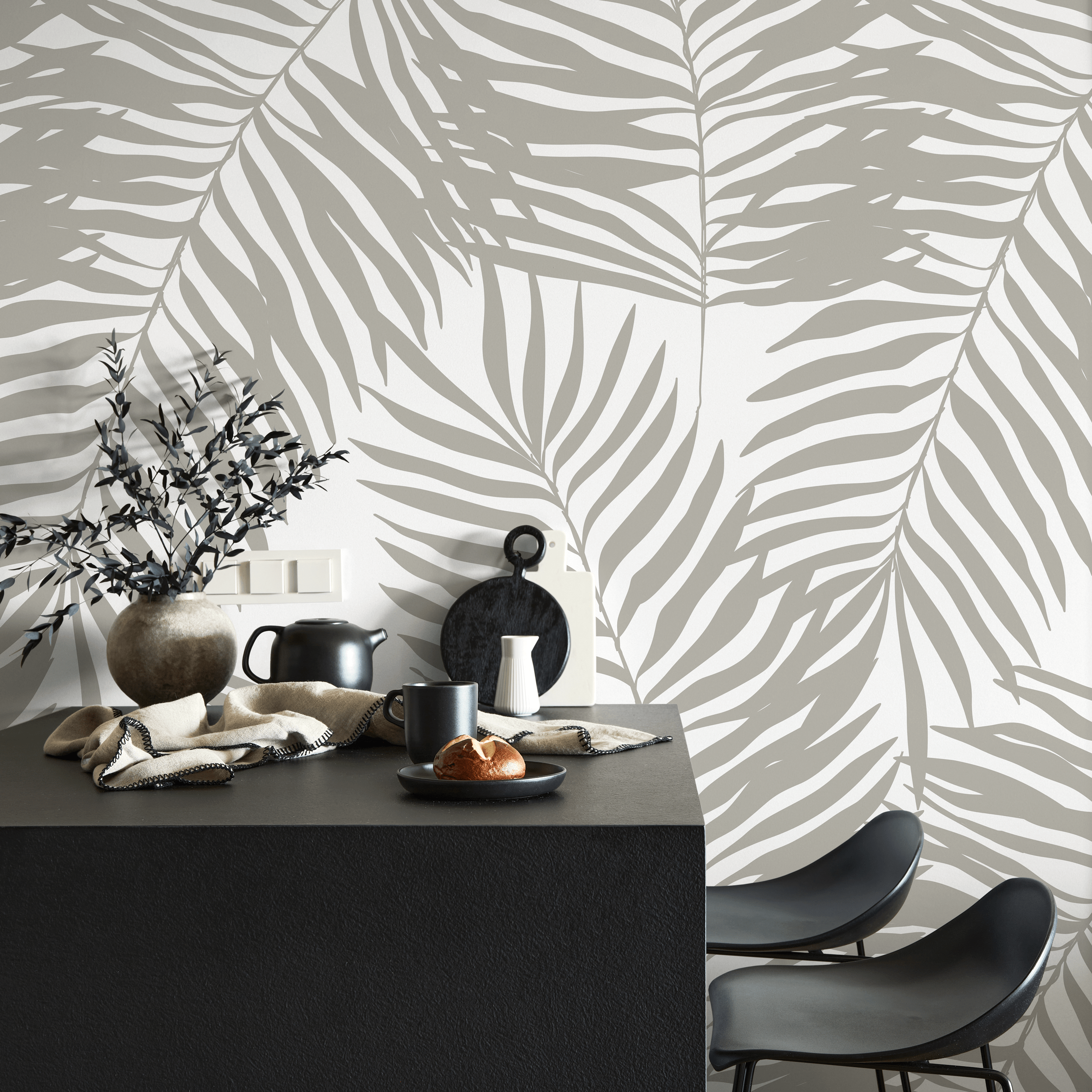 Tropical Wallpaper With A Minimalist Palm Leaf Motif In Gray - C364