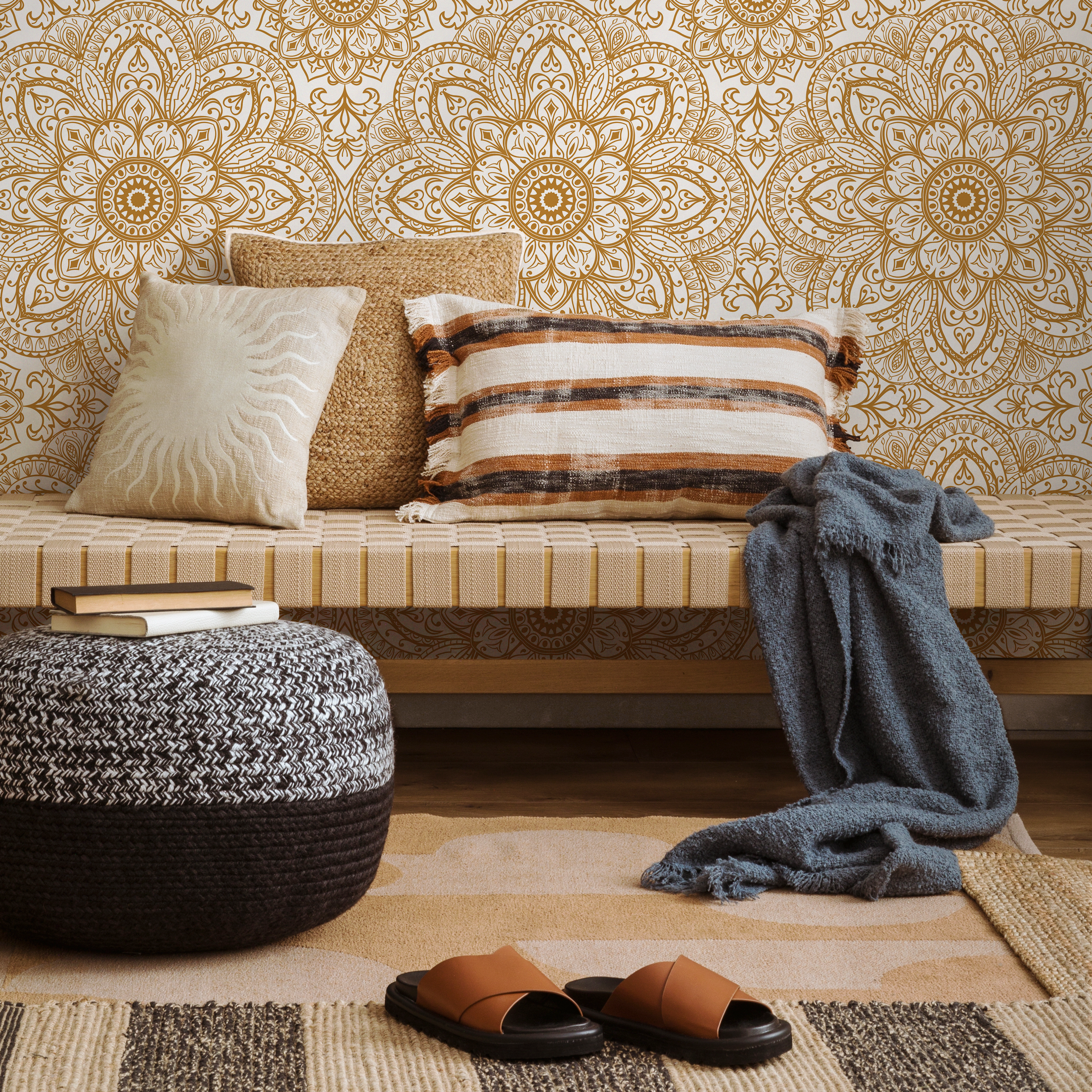 Mosaic Wallpaper With Intricate Mandala Medallions In Orange And White - C367