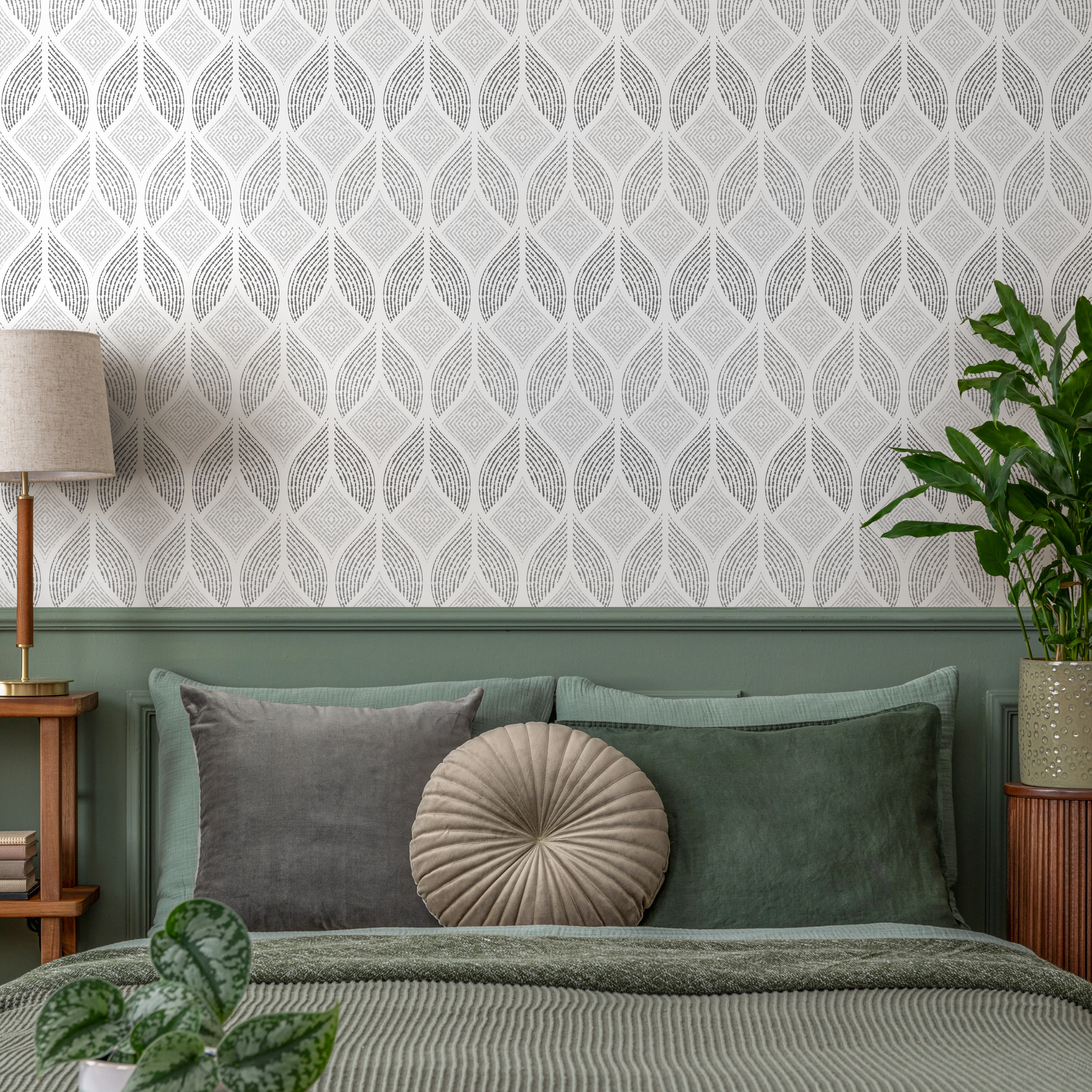 Geometric Wallpaper With A Textured Ogee Motif In Shades Of Gray - C370