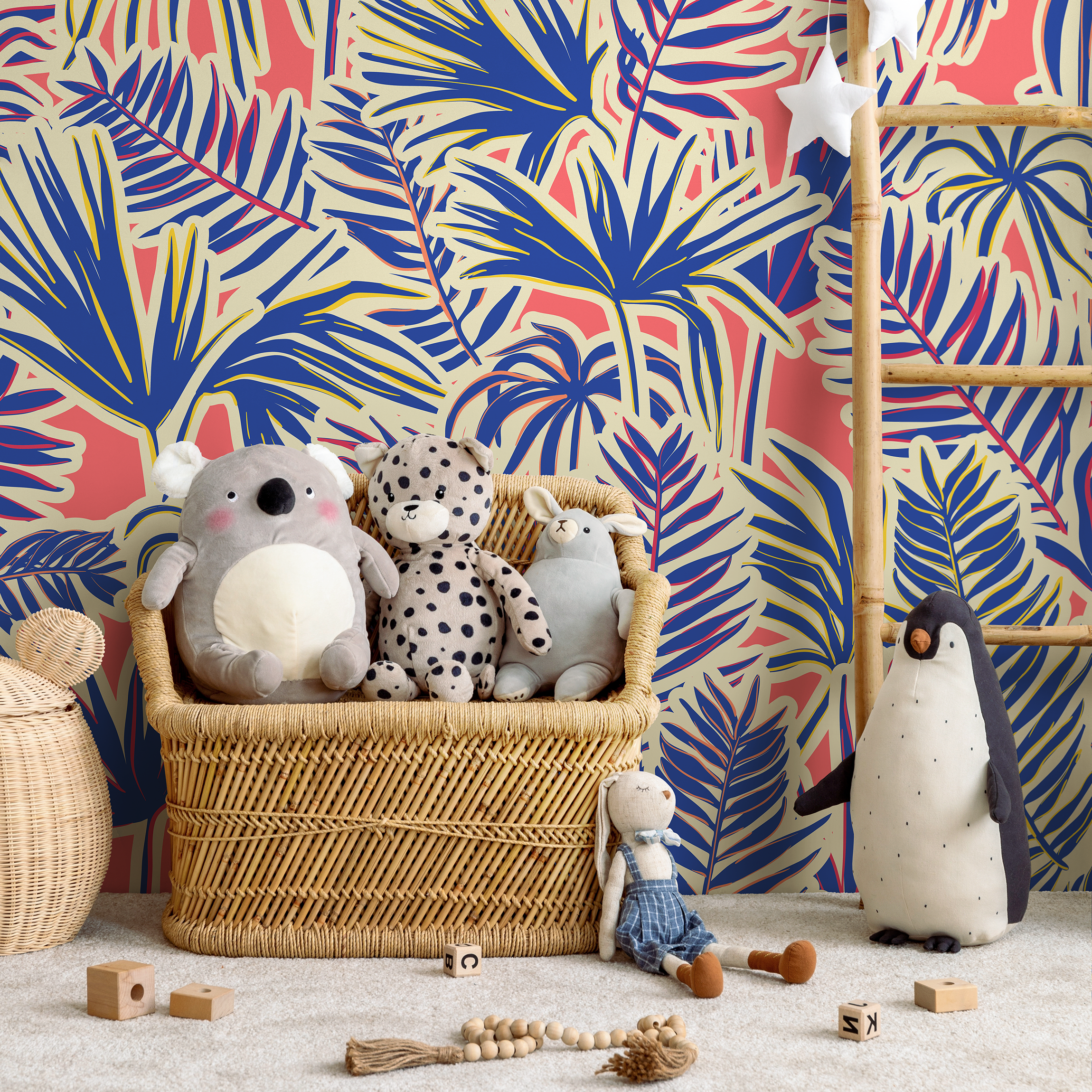 Tropical Wallpaper Featuring Stylized Jungle Leaves In Blue, Pink, And Cream - C371