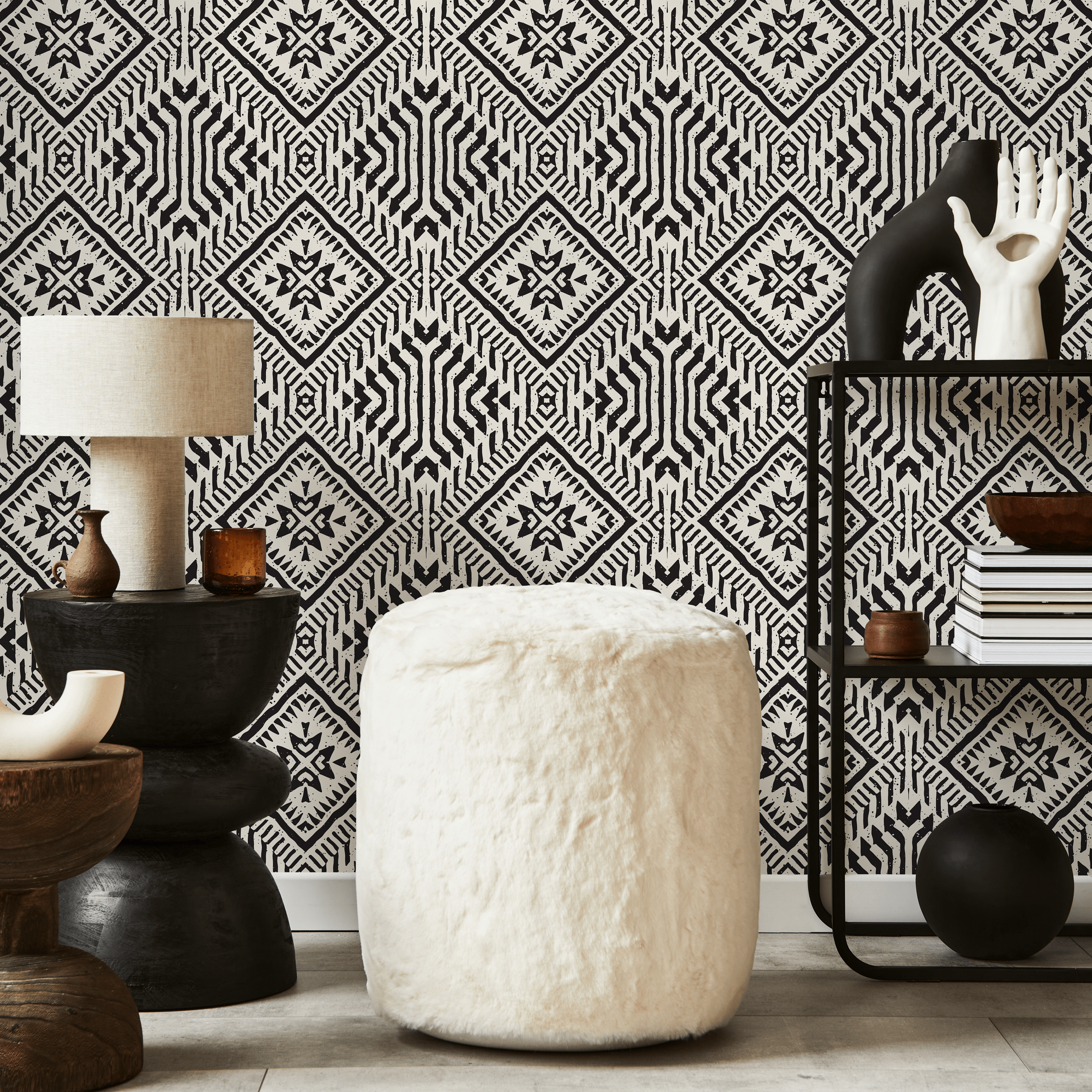 African Wallpaper With A Tribal Diamond Pattern In Black And White - C373