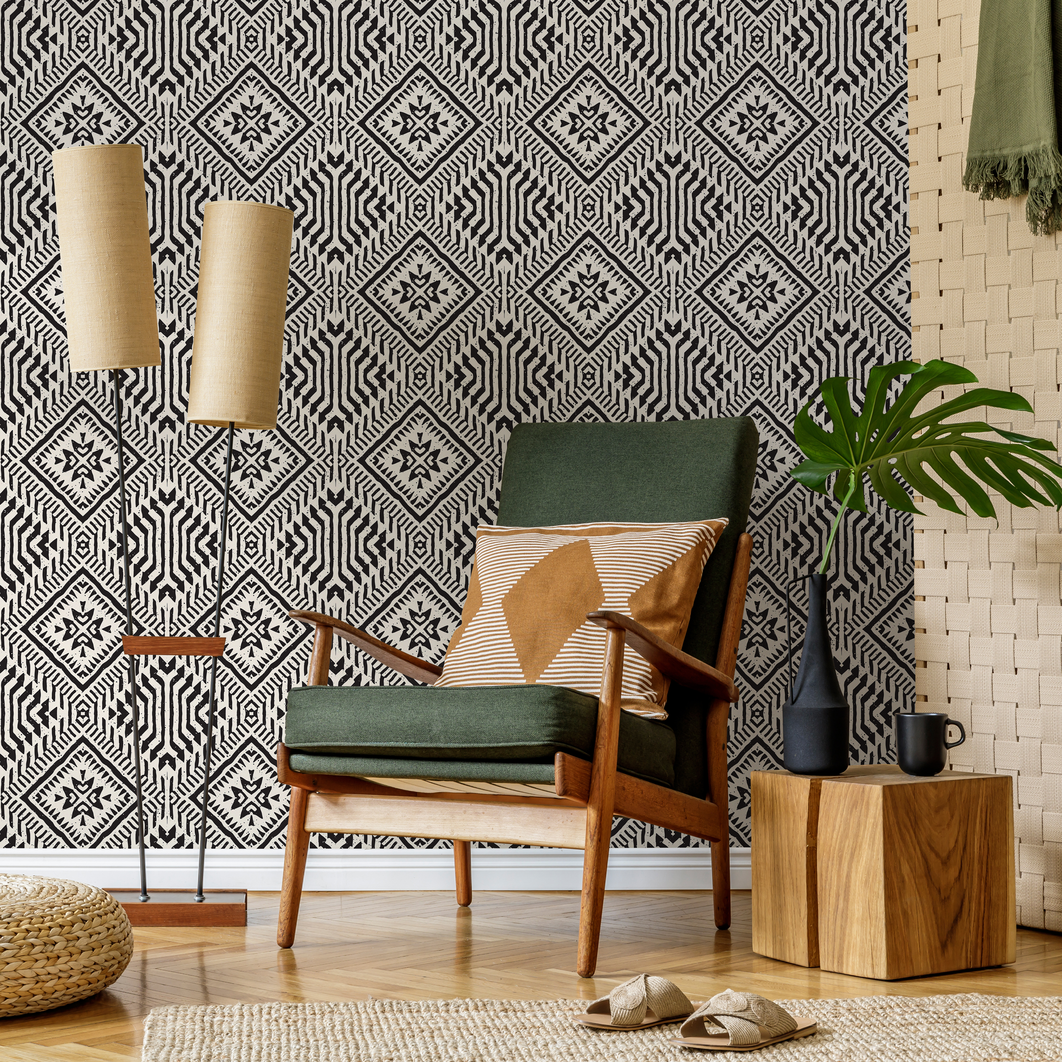African Wallpaper With A Tribal Diamond Pattern In Black And White - C373