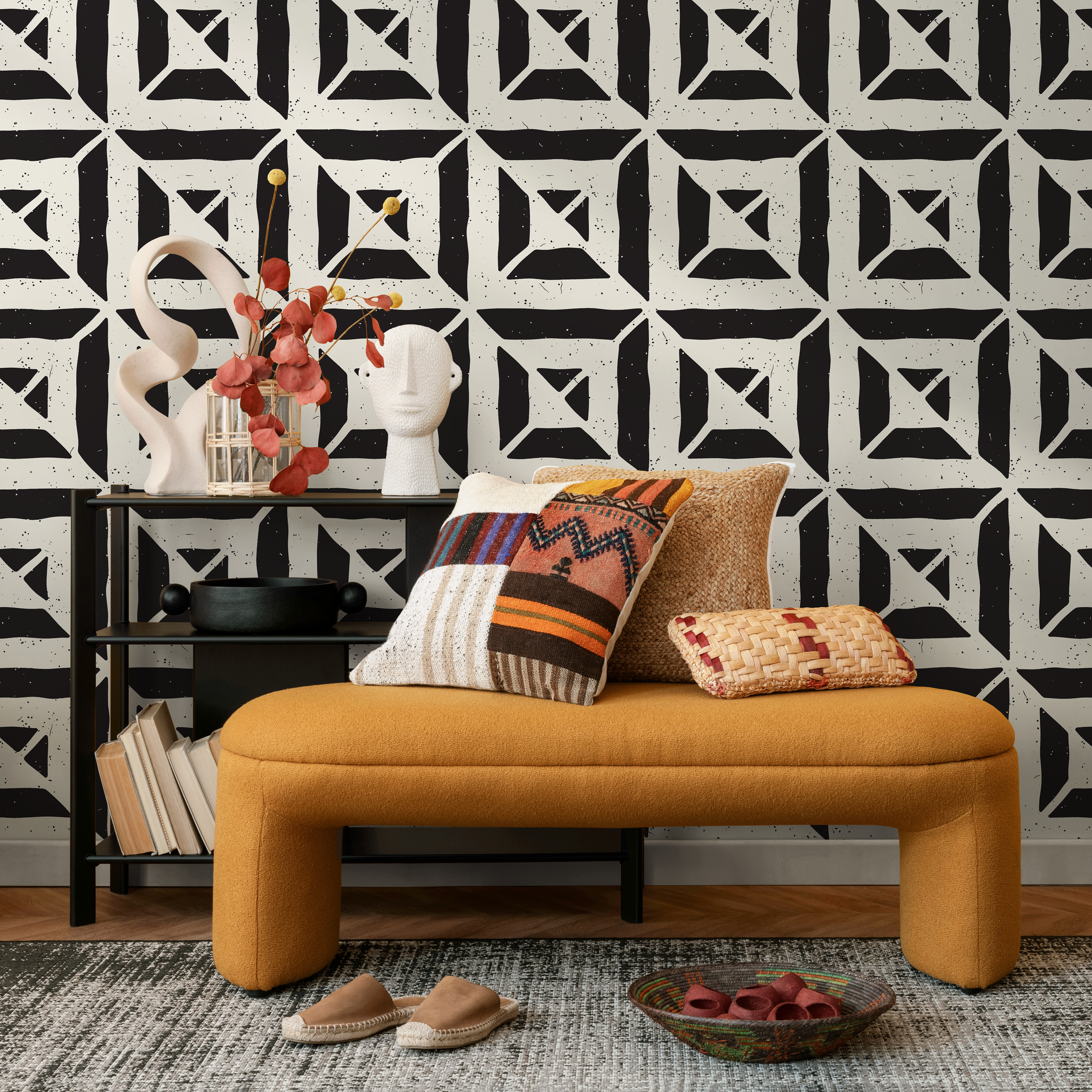 Geometric Wallpaper With A Distressed Block Print Motif In Black And White - C374
