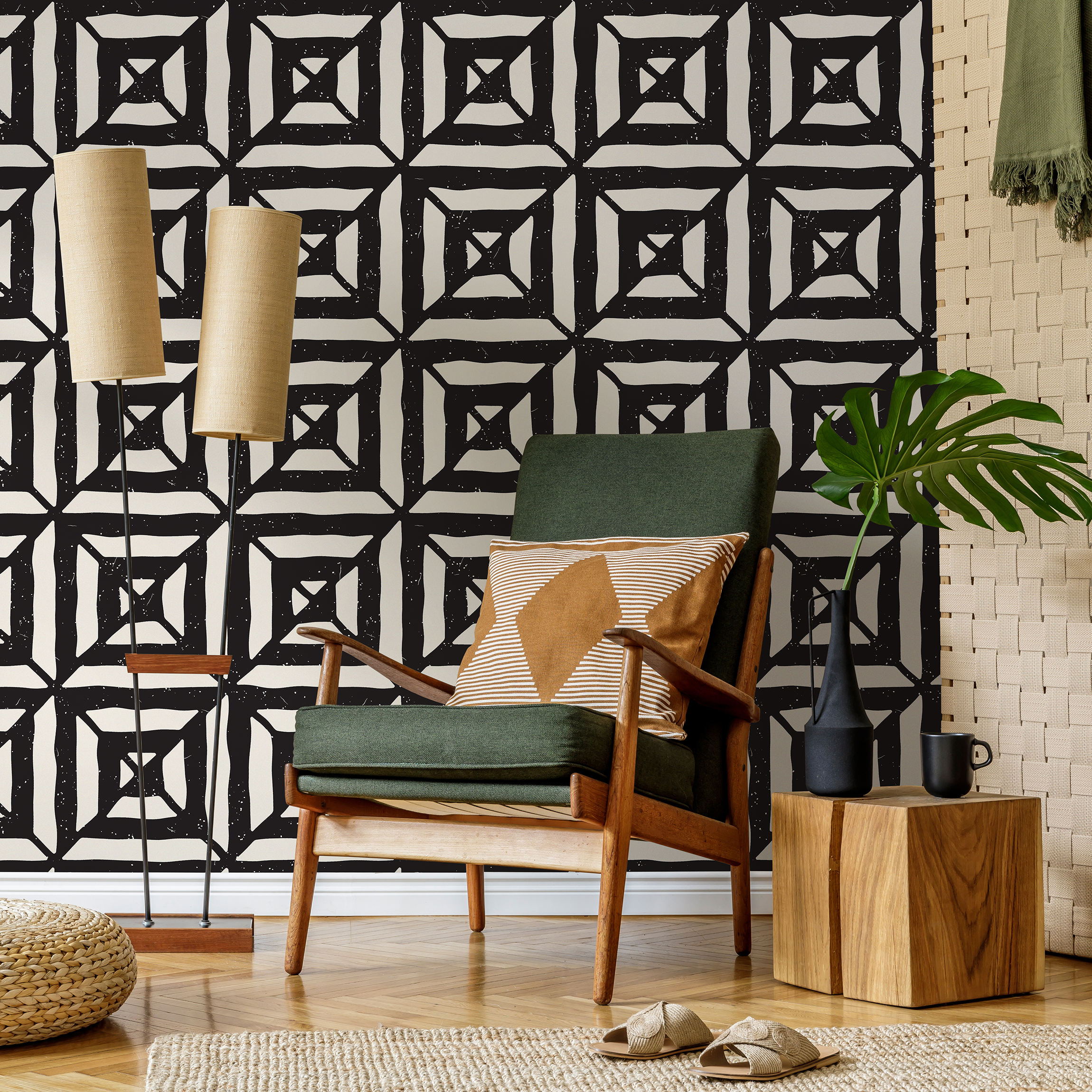 Geometric Wallpaper With A Distressed Tile Motif In Black And Cream - C375