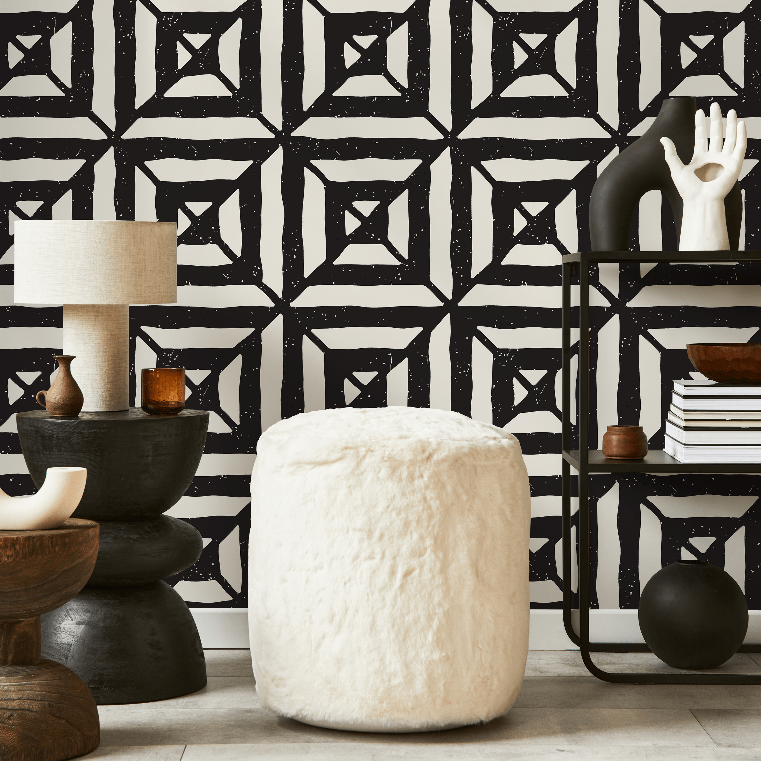 Geometric Wallpaper With A Distressed Tile Motif In Black And Cream - C375