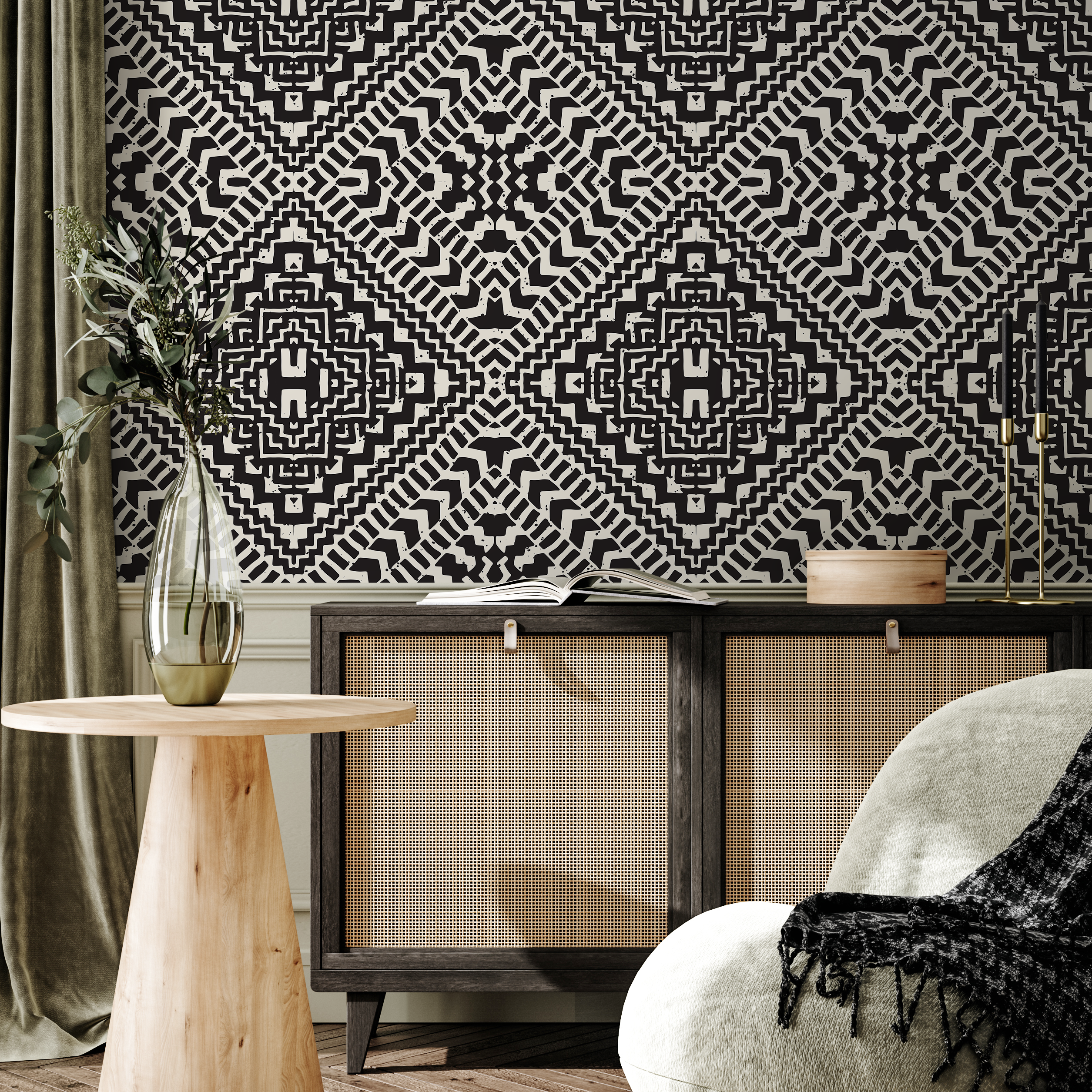 Geometric Wallpaper With An African Mudcloth Motif In Black And Cream - C377
