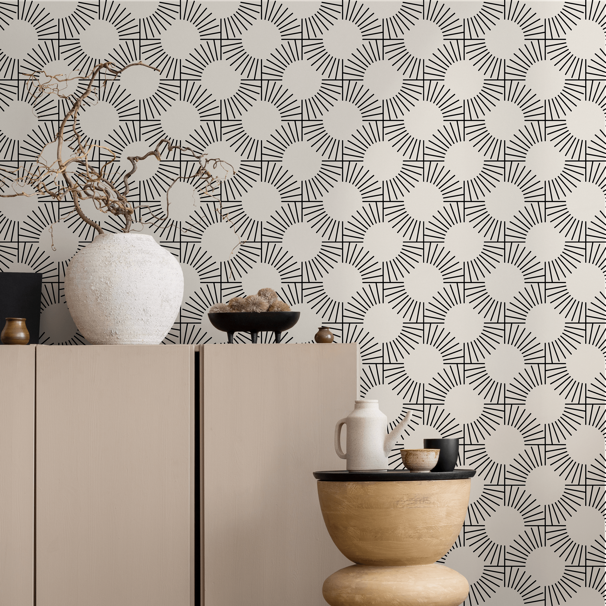 Geometric Wallpaper With A Radiating Sunburst Motif In Black And Light Beige - C379
