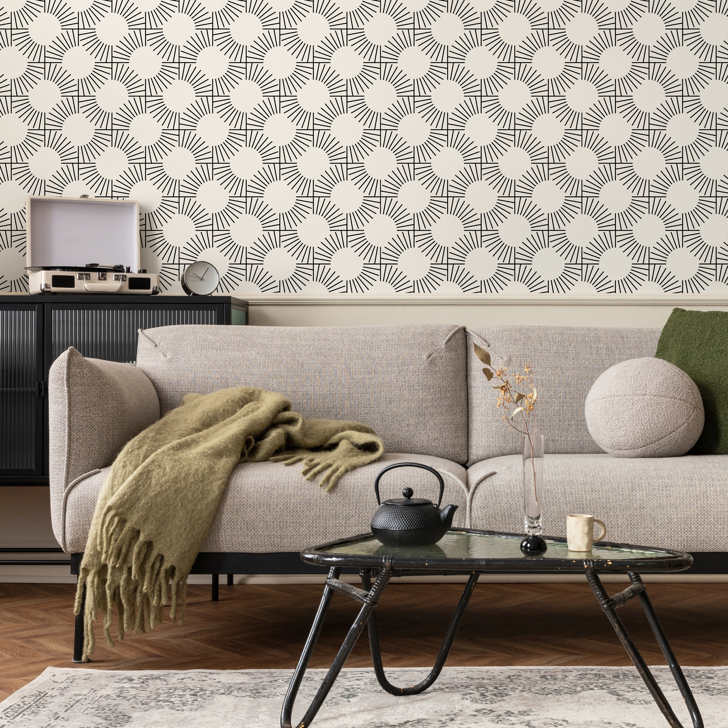 Geometric Wallpaper With A Radiating Sunburst Motif In Black And Light Beige - C379