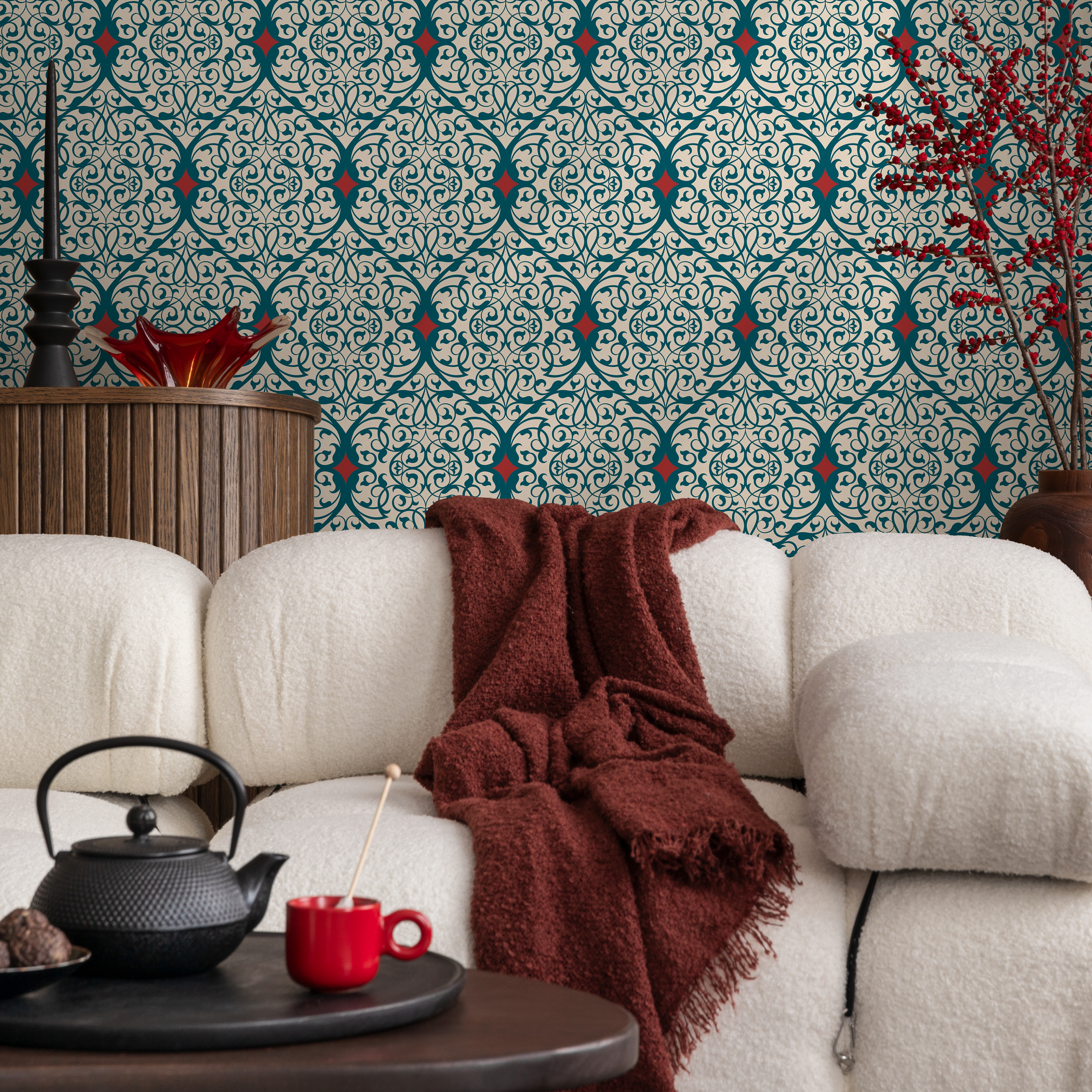 Damask Wallpaper With An Intricate Arabesque Motif In Teal, Red, And Beige - C380