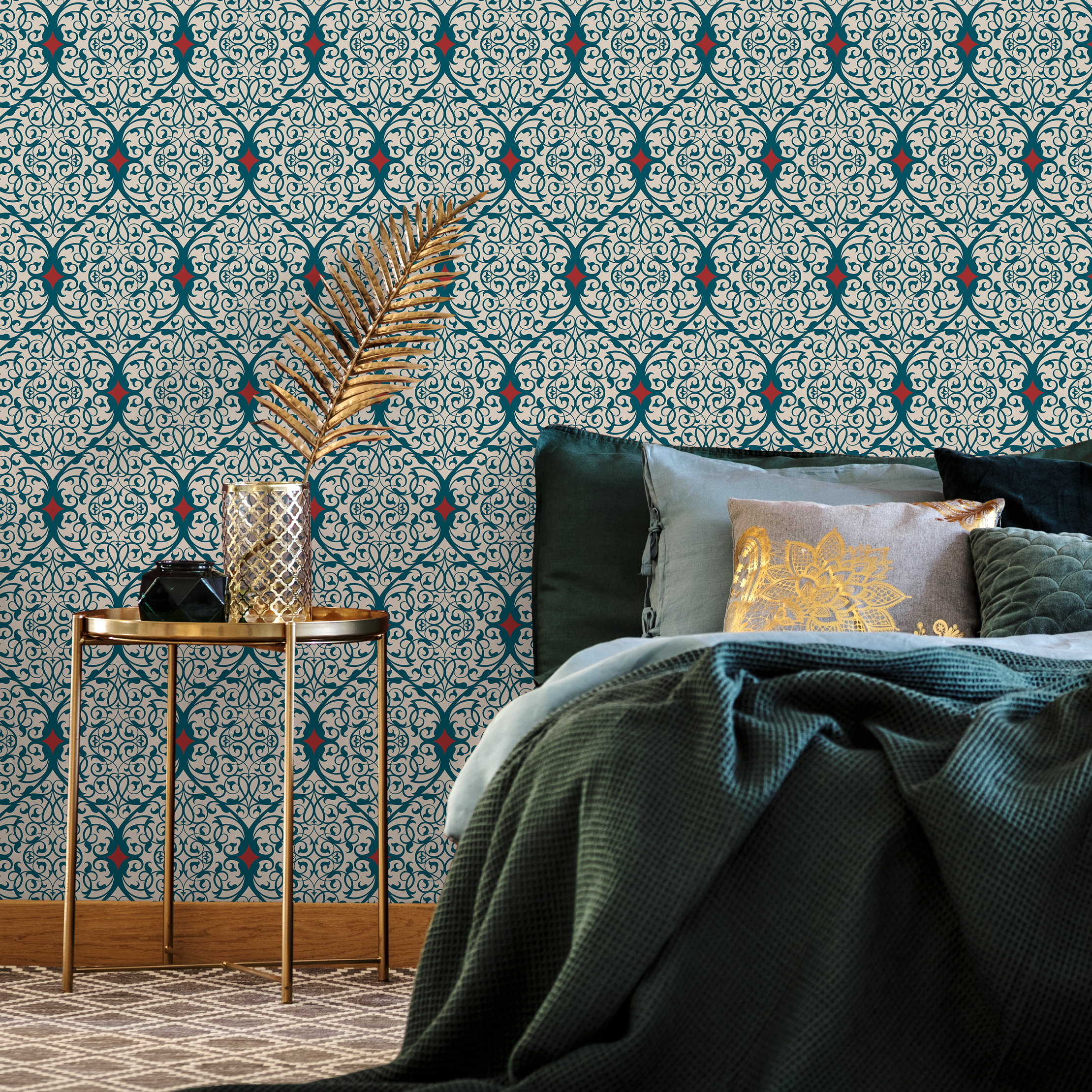 Damask Wallpaper With An Intricate Arabesque Motif In Teal, Red, And Beige - C380