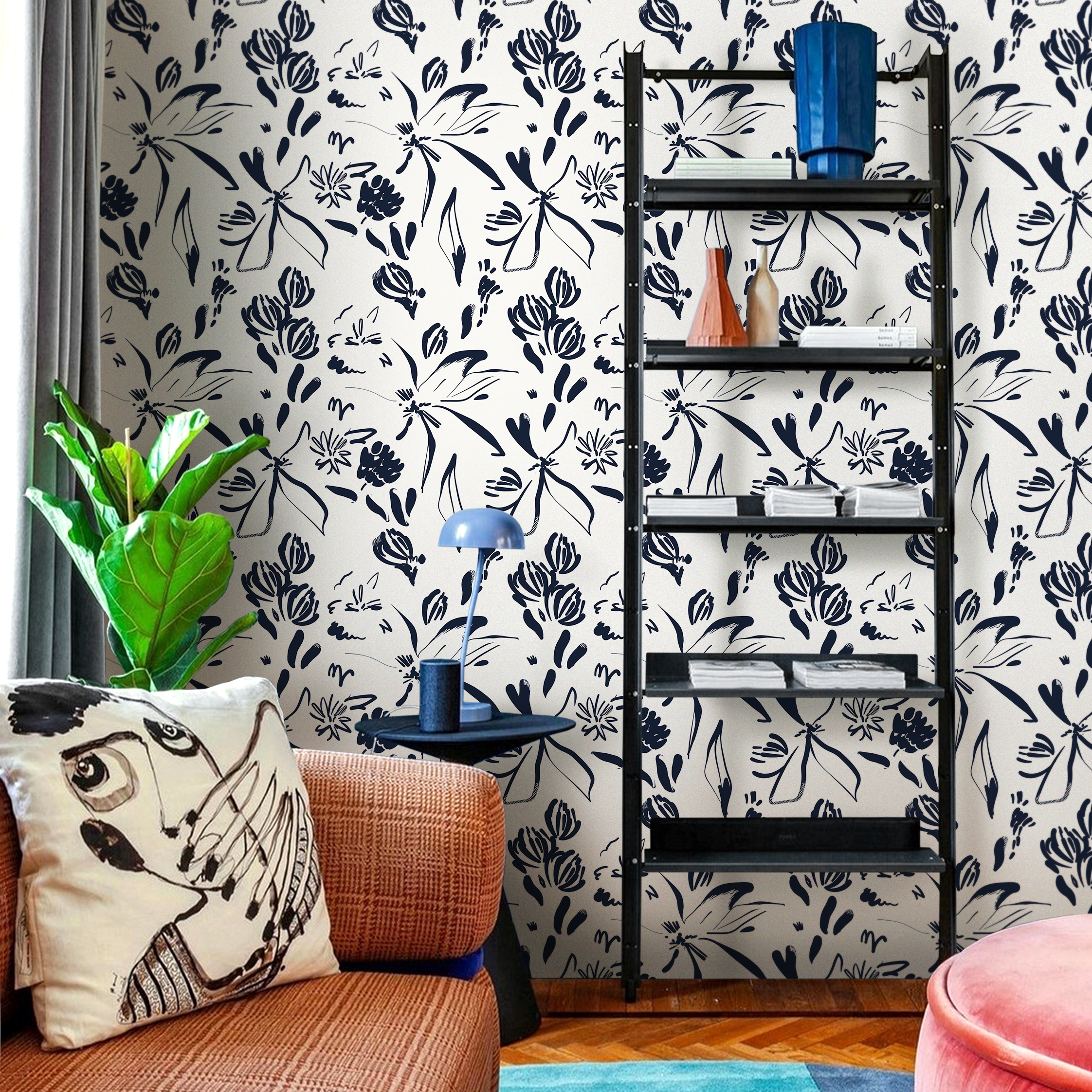 Floral Wallpaper With Abstract Brushstrokes In Navy Blue And Cream - C383