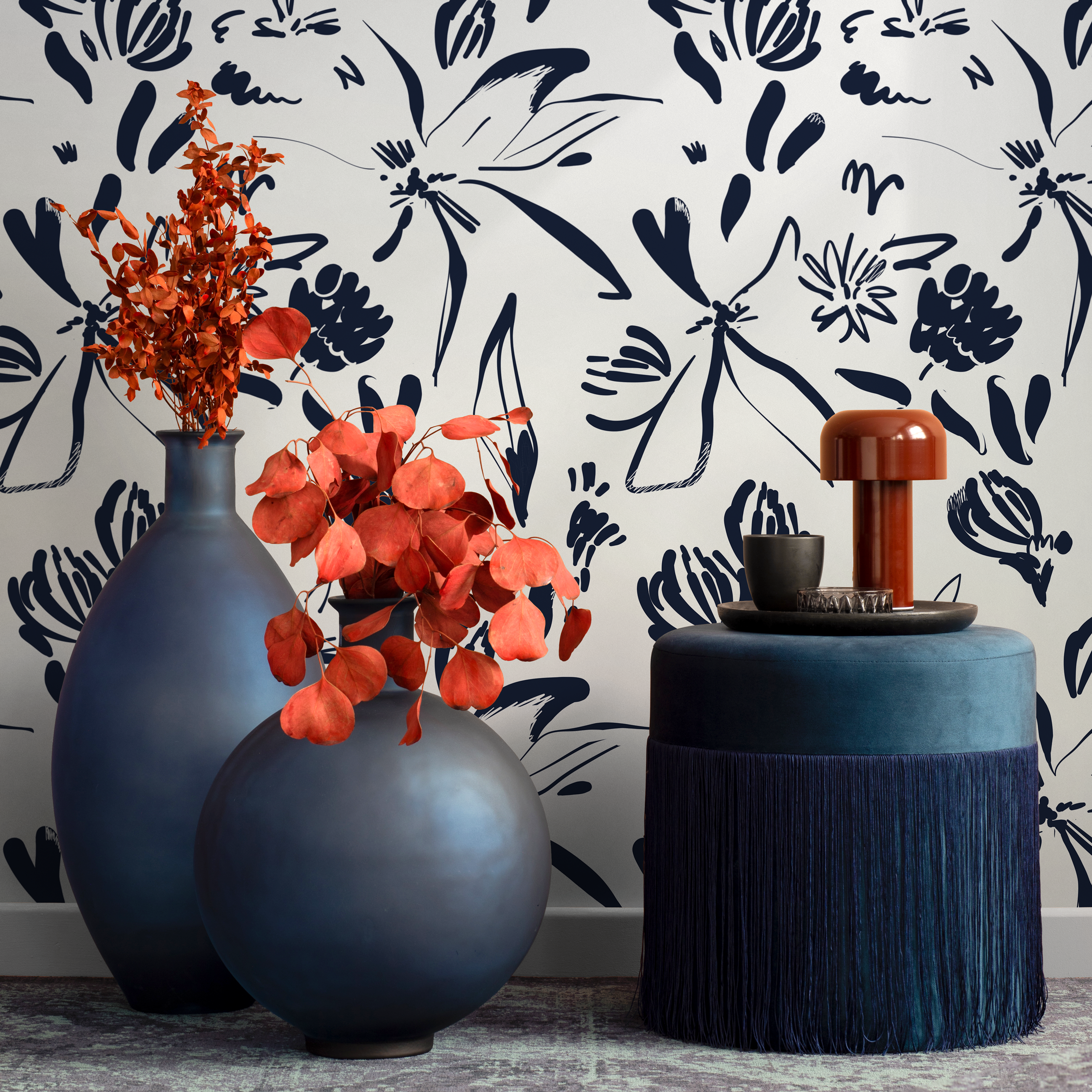 Floral Wallpaper With Abstract Brushstrokes In Navy Blue And Cream - C383