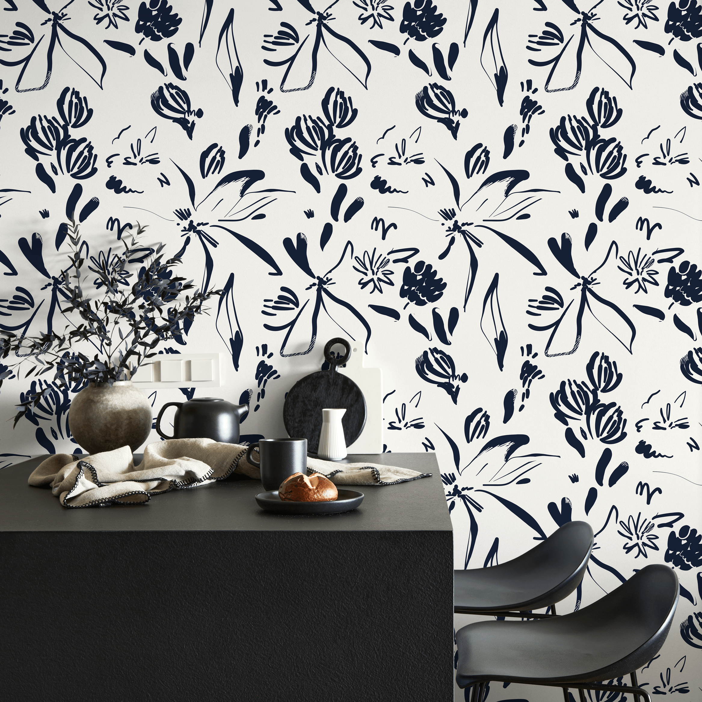Floral Wallpaper With Abstract Brushstrokes In Navy Blue And Cream - C383