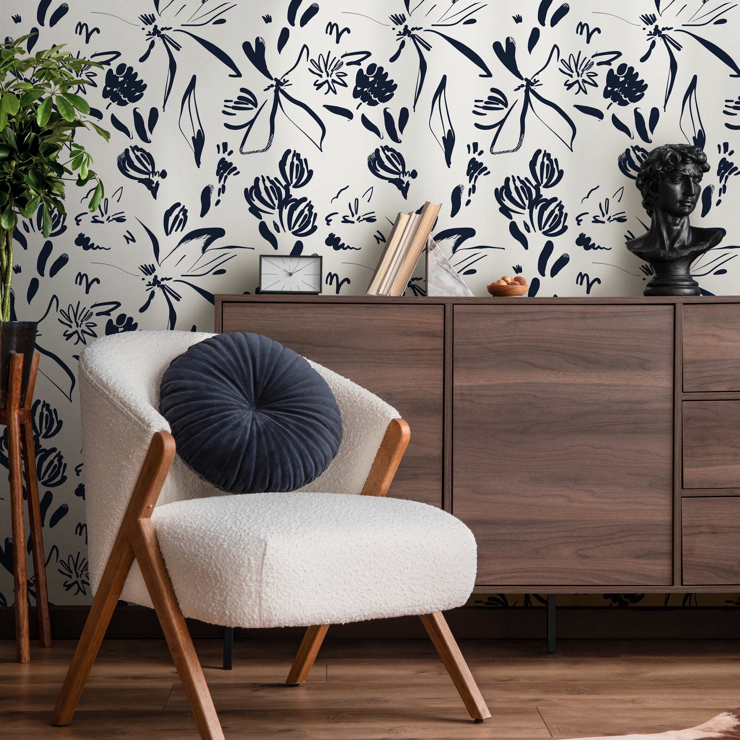 Floral Wallpaper With Abstract Brushstrokes In Navy Blue And Cream - C383