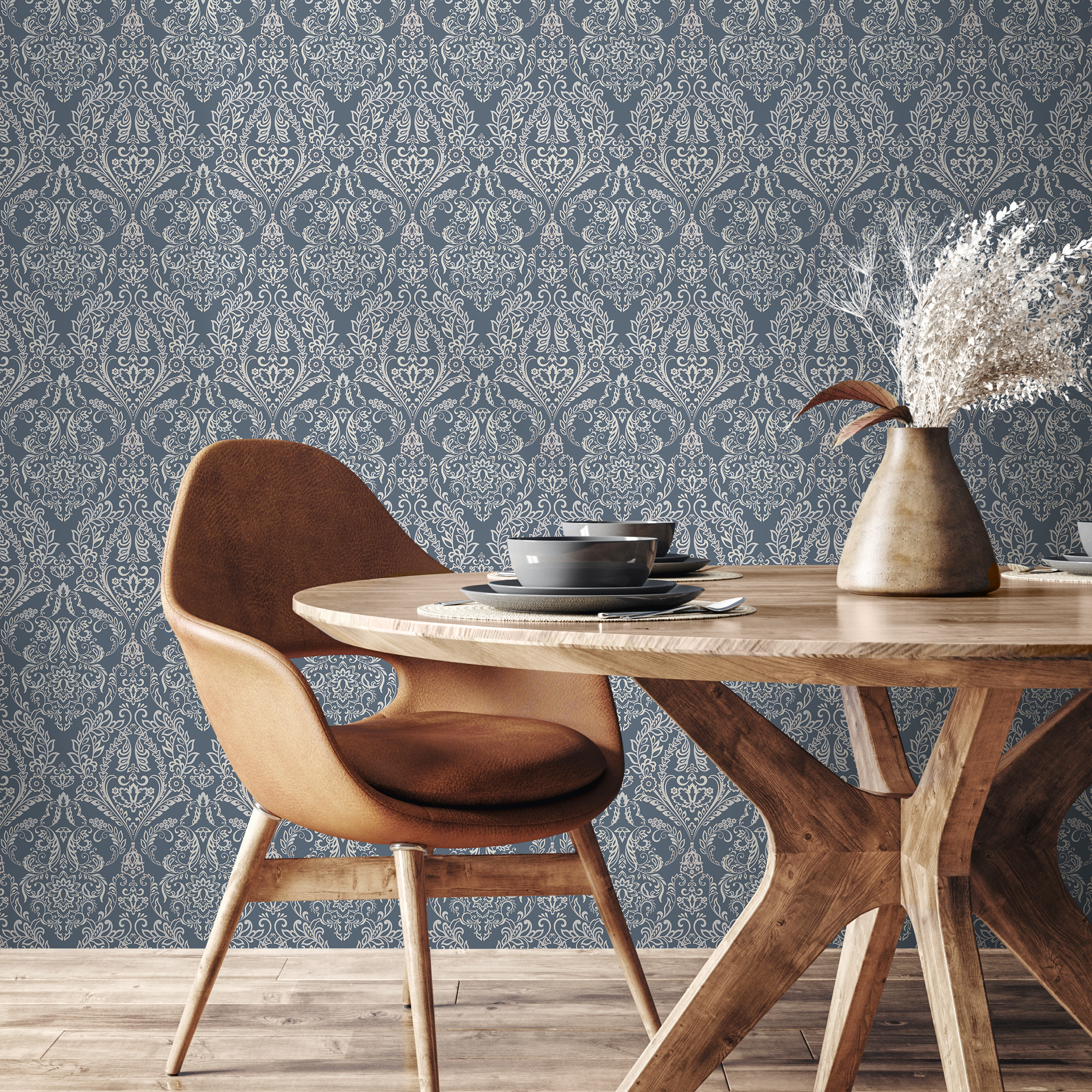 Art Nouveau Wallpaper With An Elegant Damask Motif In Blue And Cream - C384