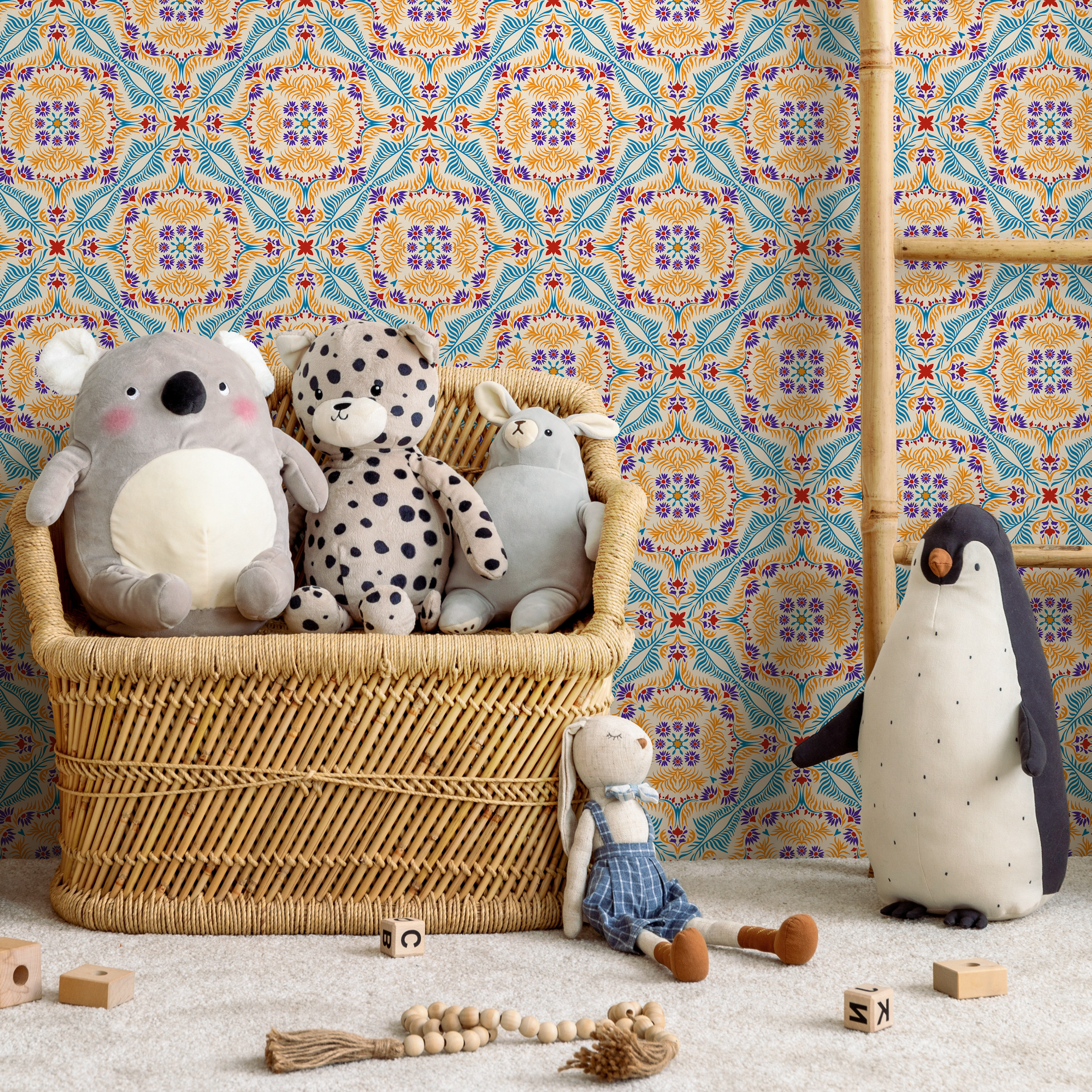 Vintage Wallpaper With An Intricate Tile Motif In Blue, Orange, And Purple - C385