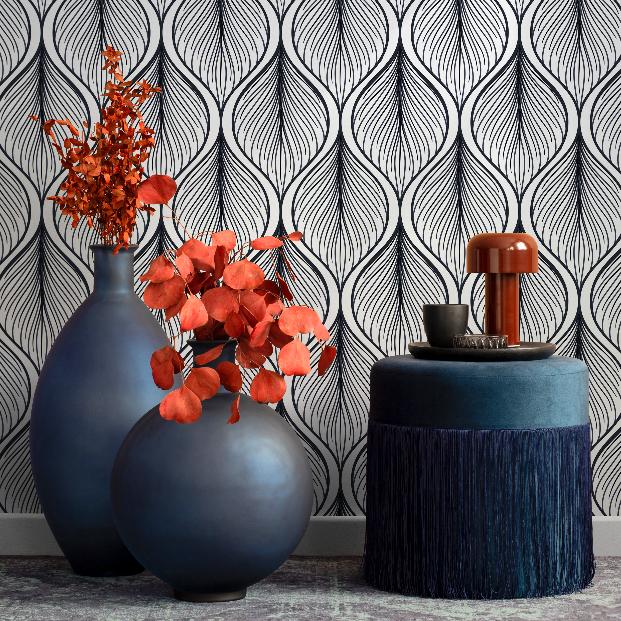 Abstract Wallpaper With Flowing Leaf Motifs In Navy Blue And Cream - C387