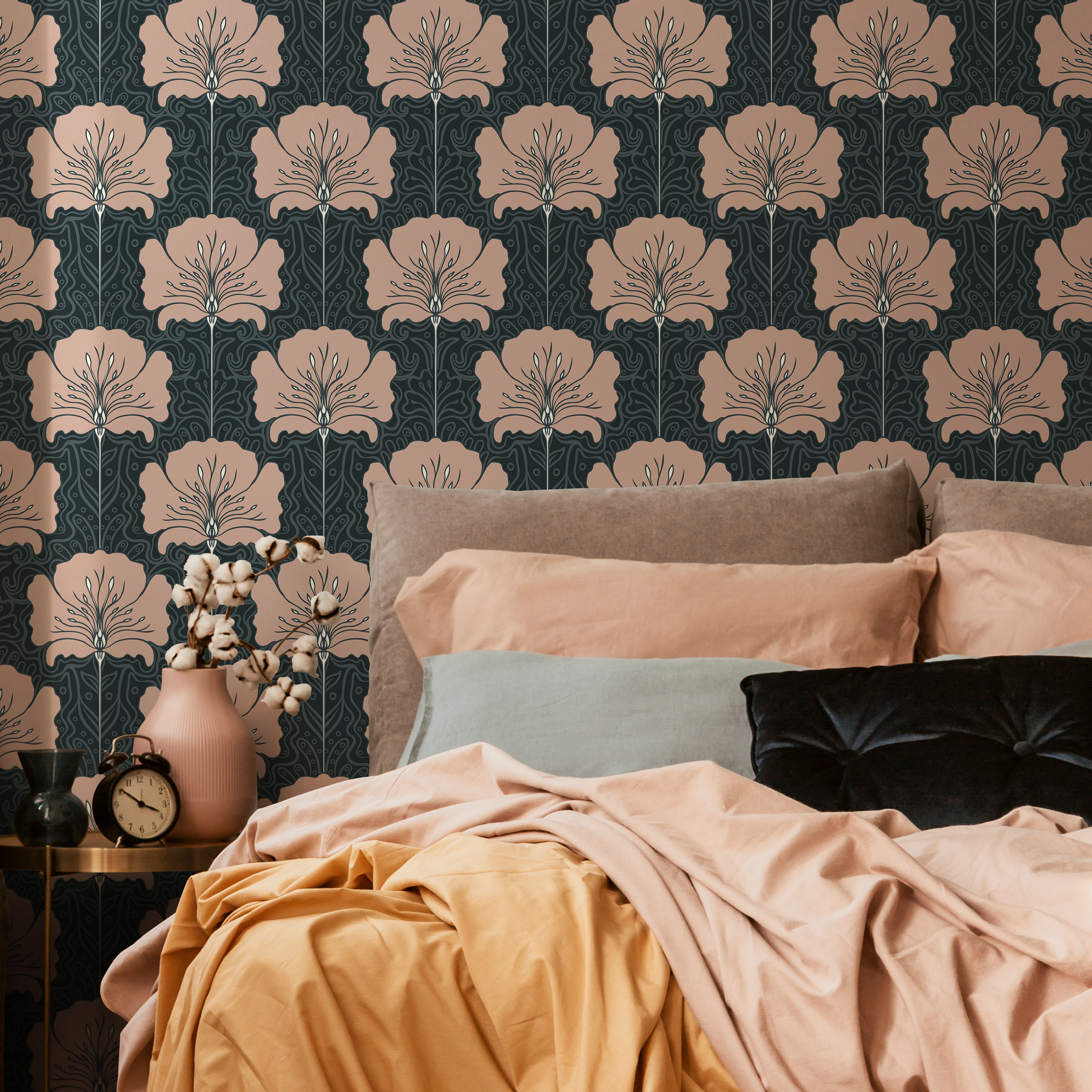 Art Nouveau Wallpaper With A Stylized Floral Motif In Muted Pink And Charcoal - C389