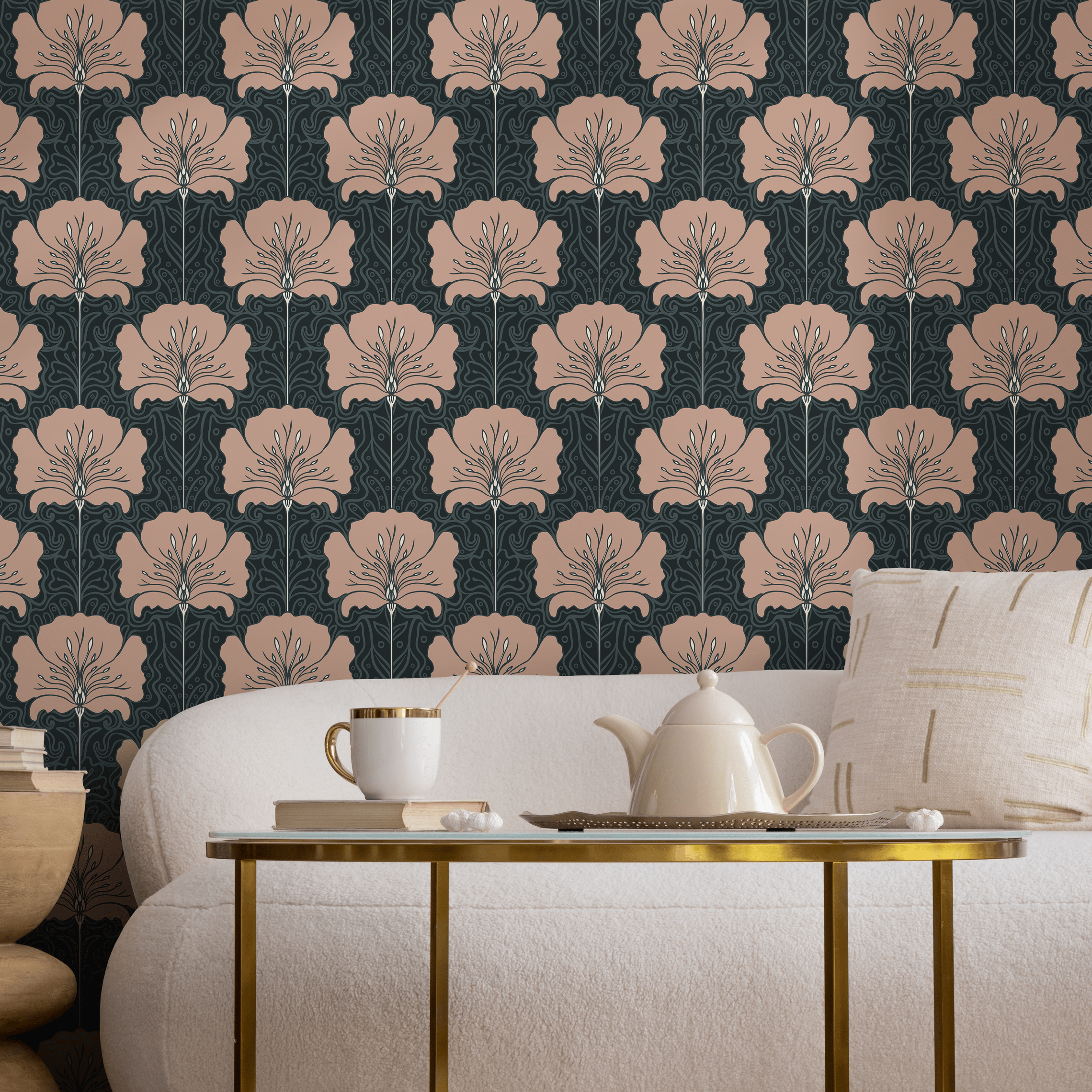 Art Nouveau Wallpaper With A Stylized Floral Motif In Muted Pink And Charcoal - C389