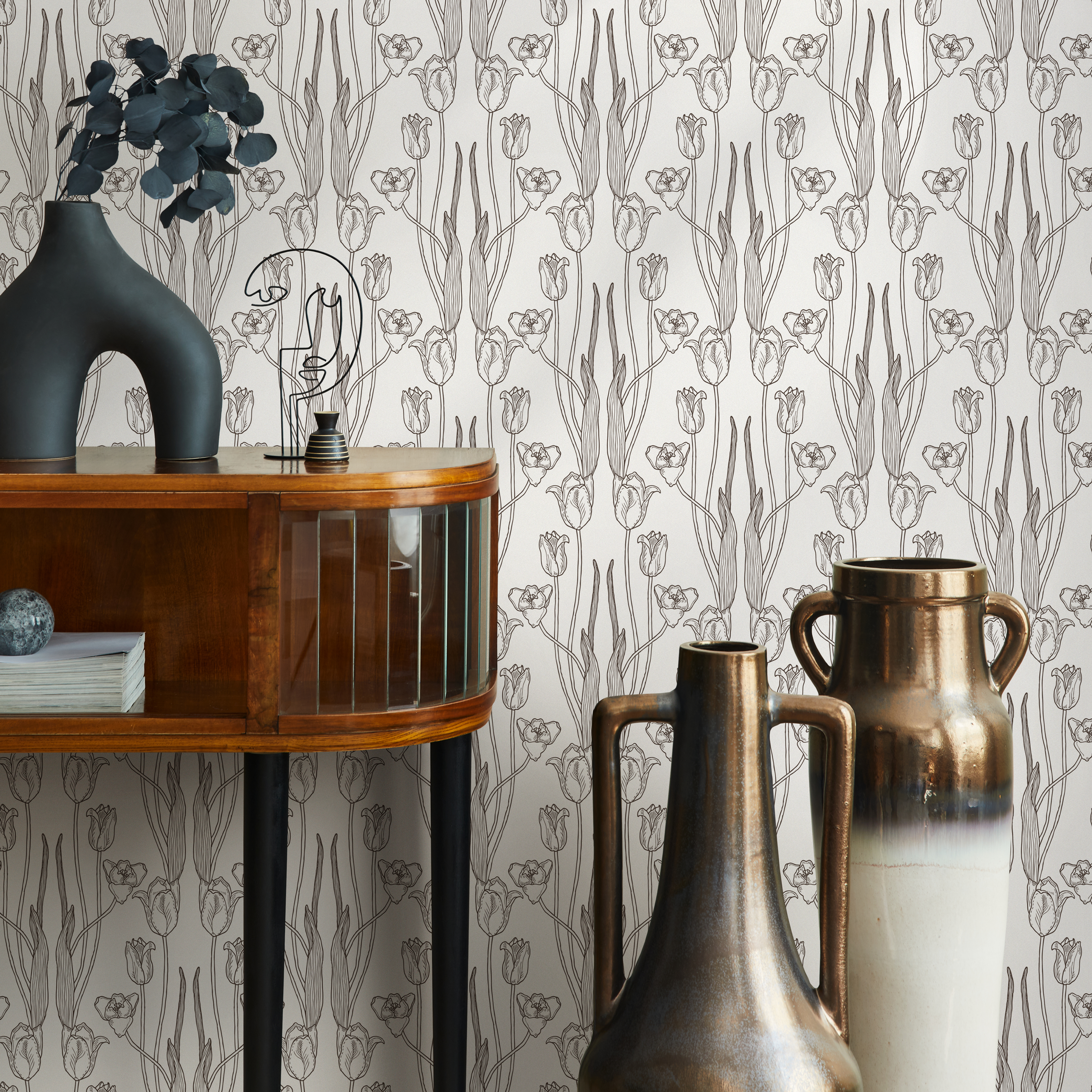 Floral Wallpaper With Vintage Tulip Line Art In Black And White - C391