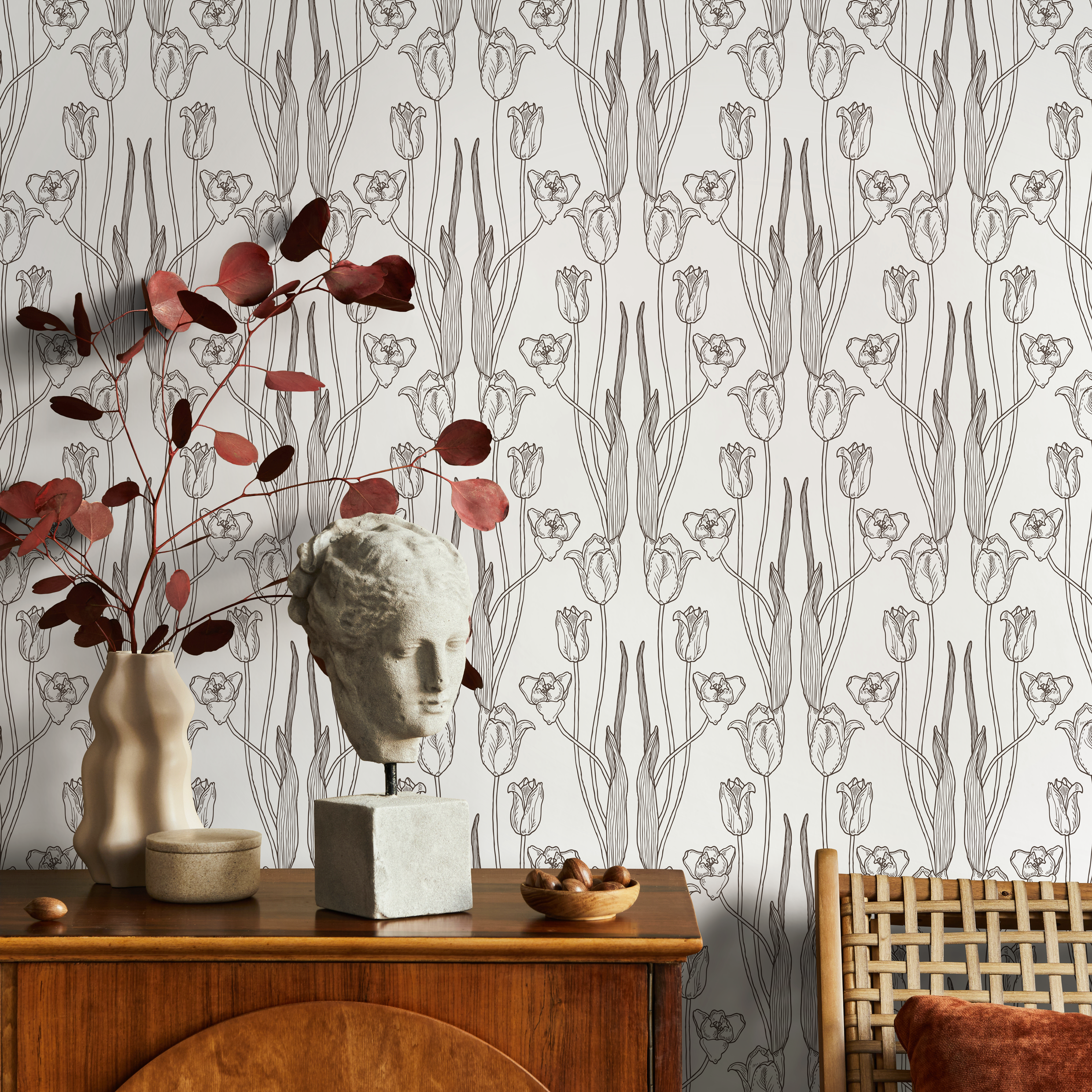 Floral Wallpaper With Vintage Tulip Line Art In Black And White - C391